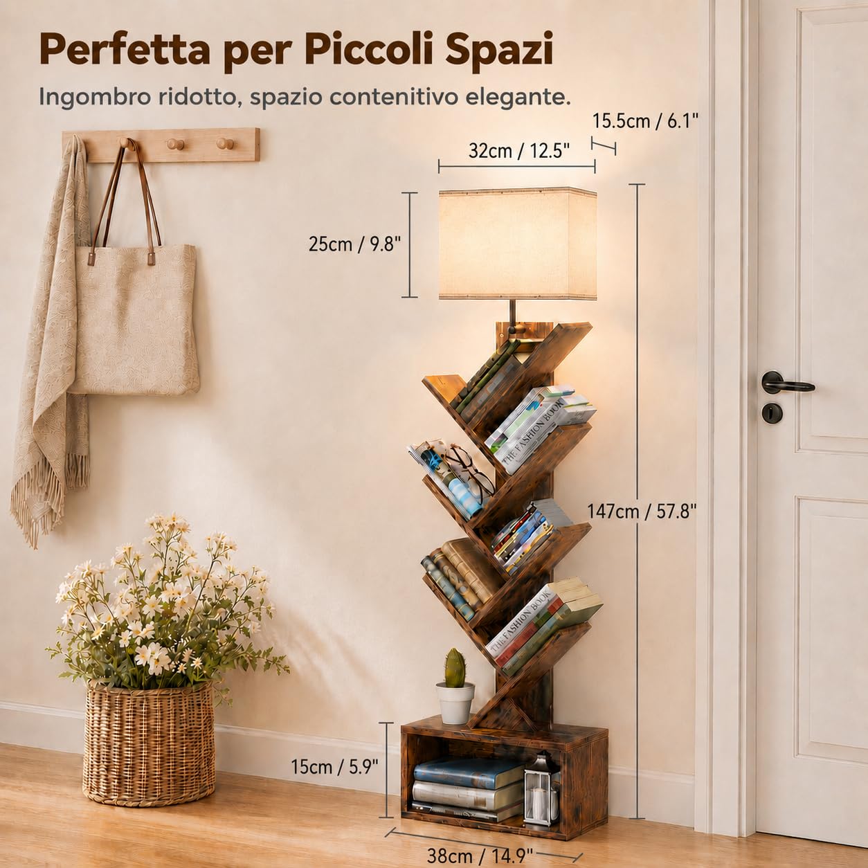 Libreria ad Albero a 6 Ripiani con Lampada da Terra, Lampadina LED E27 da 12 W e 3 Temperature di Colore, Scaffale Angolare Salvaspazio con Vano per Soggiorno, Camera, Studio e Piccoli Spazi