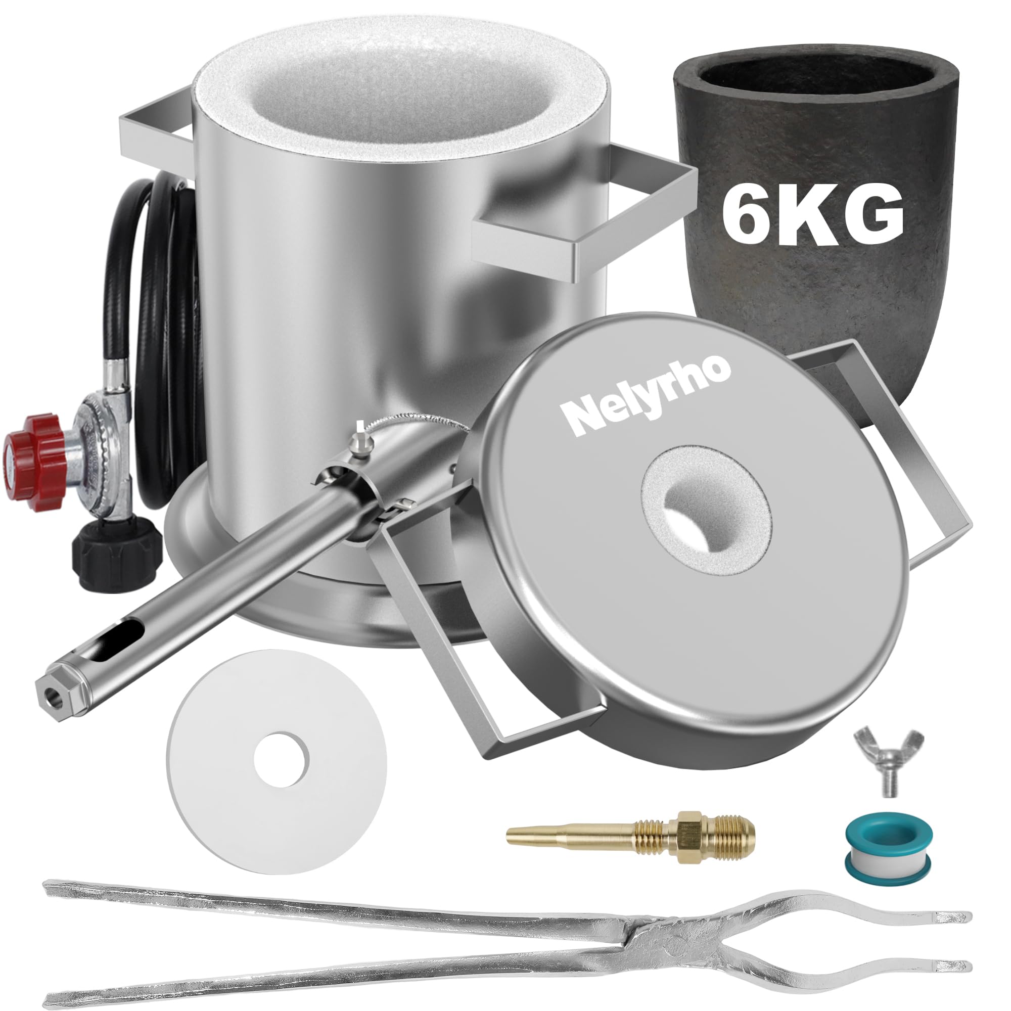 Nelyrho 6kg Stainless Steel Propane Melting Furnace Kit Crucibles and Tongs Complete Home Foundry Set for Smelting and Refining Gold, Silver, Copper and Aluminum