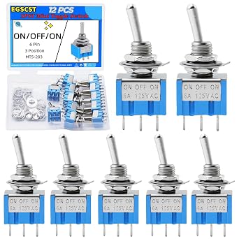 12PCS Mini Toggle Switch SPST 6A 125V Miniature ON/Off/ON 6 Pin 3 Position Micro Rocker Switches 6 Amp 125 Volt MTS-203