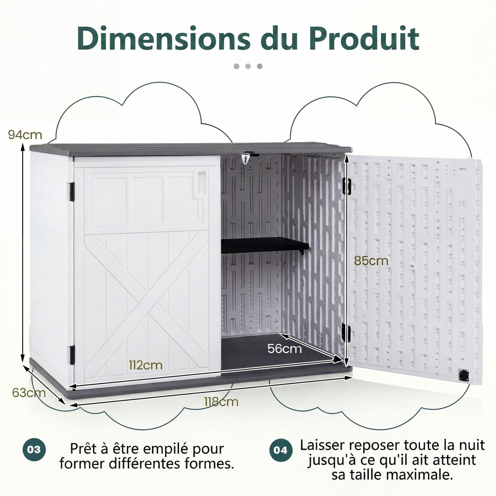 GYMAX Coffre de Rangement de Jardin Imperméable HDPE, 2 Étagères, Couvercle Relevable Verrouillable, Armoire Extérieure, 118 x 63 x 94 cm