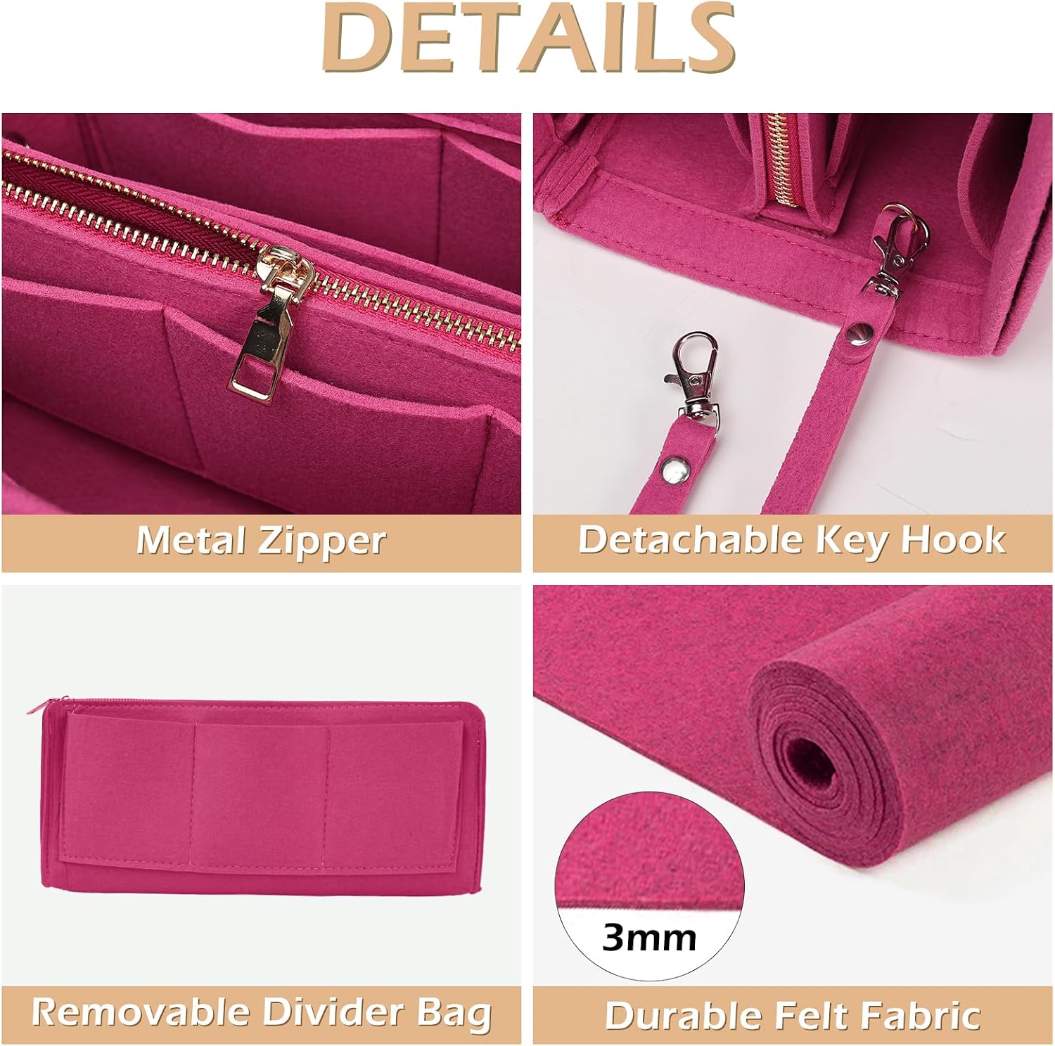 Surblue Purse Organizer Insert for Handbags, Felt Bag Organizer, Tote Bag Organizer, Tote Shaper Insert With Zippers, Thicken and Portable Handbag in Bag for Speedy Neverfull PM MM, (Rose, S)