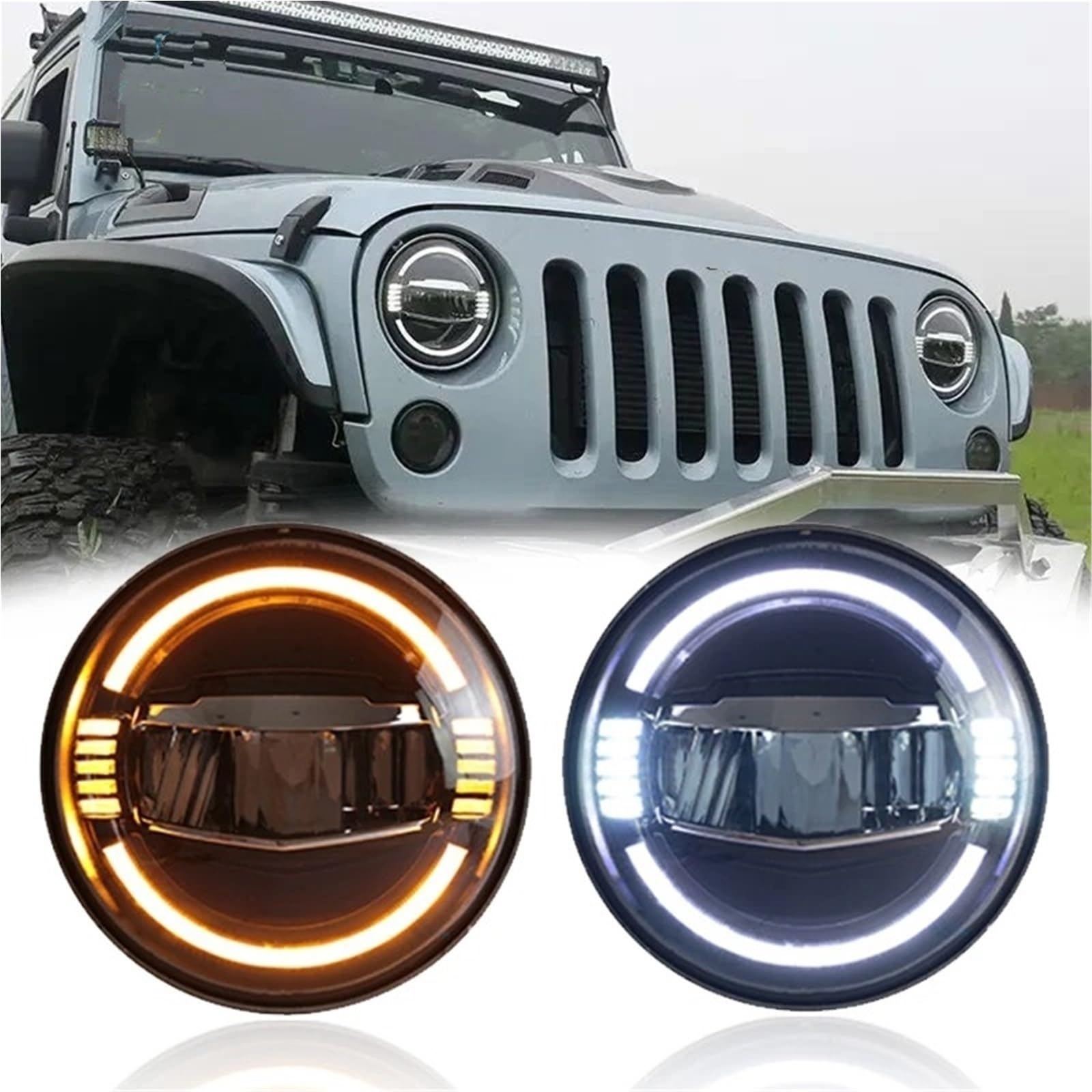 Fari Delle Lampadine Fari A LED 7 Pollici Rotondi Blu DRL Occhi Ad Angolo Indicatori Direzione Camion Fuoristrada 4x4 Per Santana PS10 2004 Fanale Proiettore Auto