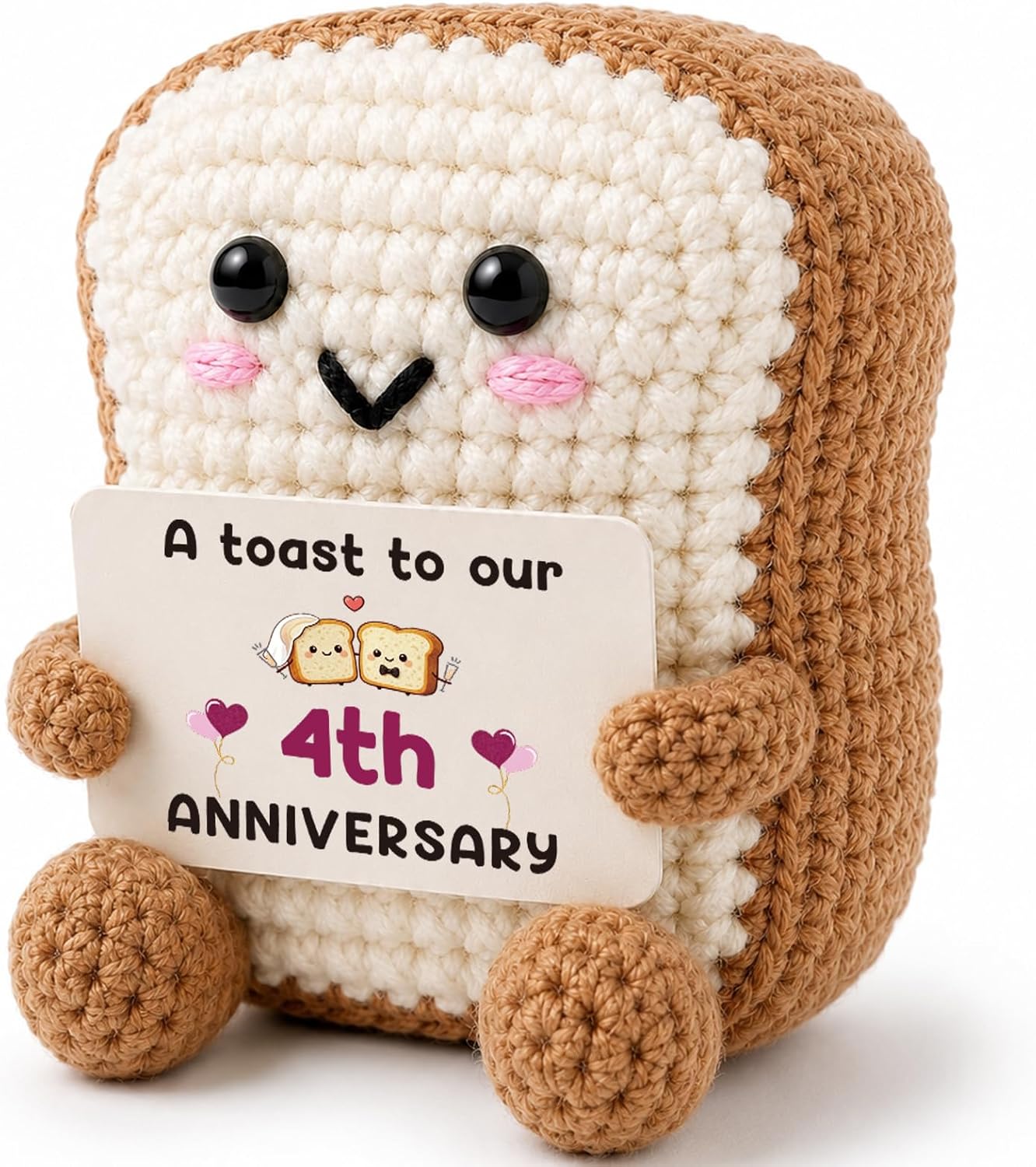 4th Wedding Anniversary Gifts for Husband Wife, Romantic Four Year Anniversary Couple Gift for Boyfriend Girlfriend, Handmade Mini Crochet Toast Keepsake with Card, Cute Desk Table Decor for Him Her