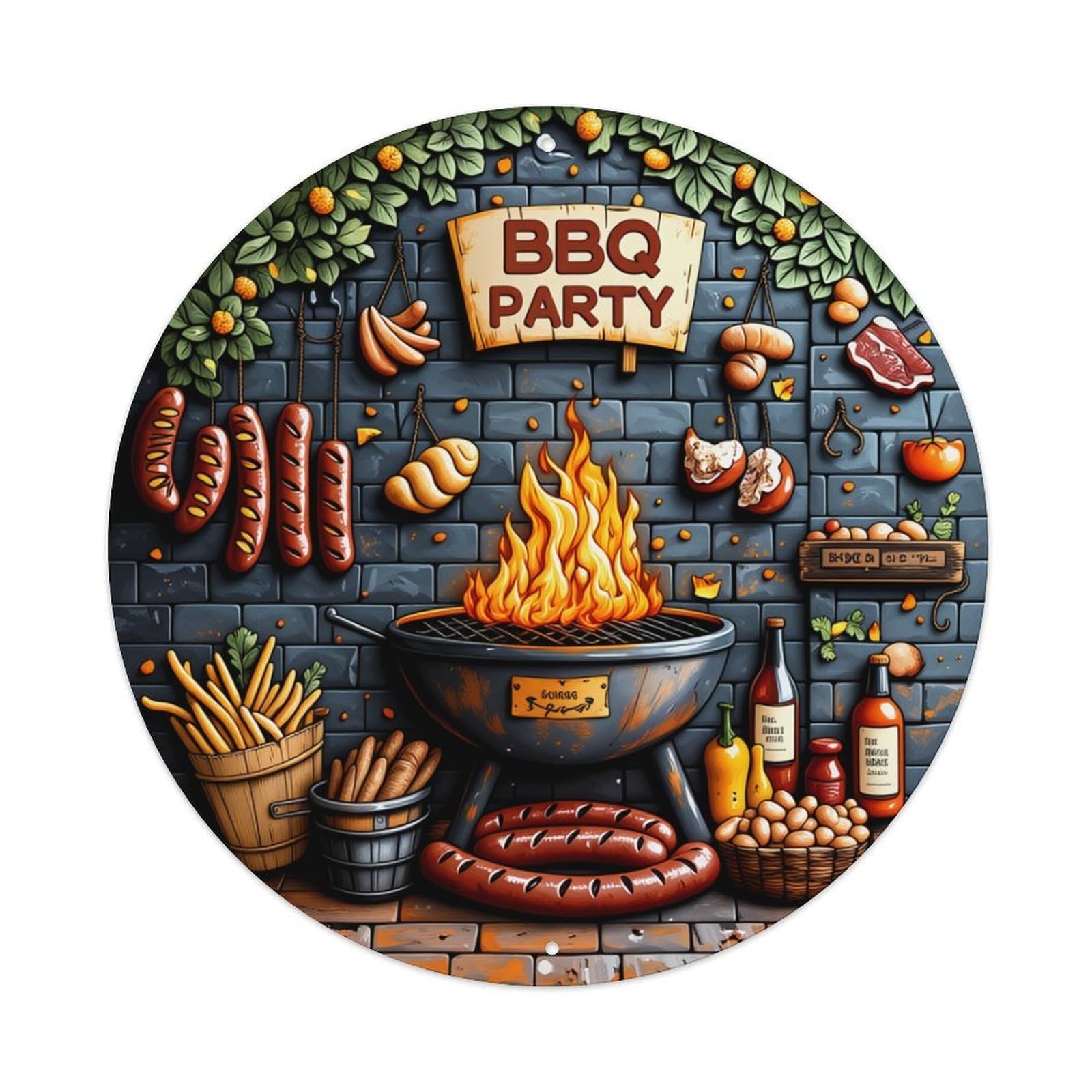 Bbq Party Grill Sausage Fire Round Tin Sign Retro Metal Sign for Cafe Bar Pub Home Game Room Gym Club Wall Decoration Vintage Metal Poster 8x8 Inch