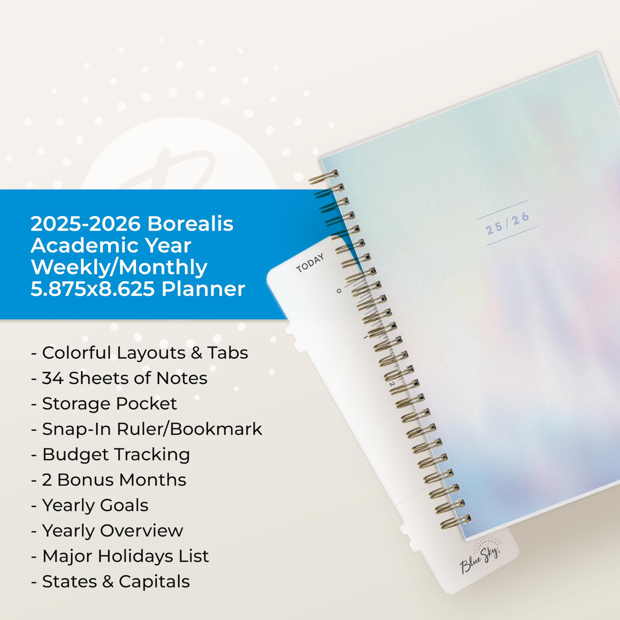 Blue Sky Jahresplaner 2025-2026, Wochen- und Monatskalender, Juli 2025 - Juni 2026, 14,7 x 21,8 cm, flexibler Einband, Spiralbindung, laminierte Reiter, Aufbewahrungstasche, Borealis
