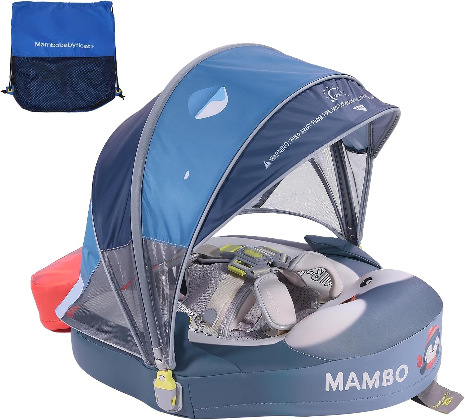 Non-Inflatable Baby Swim Float, Mambobaby Upgraded Infant Pool Float with UPF 50+ Sun Canopy – Safe Toddler Swim Trainer for 3-24 Months, Blue Penguin