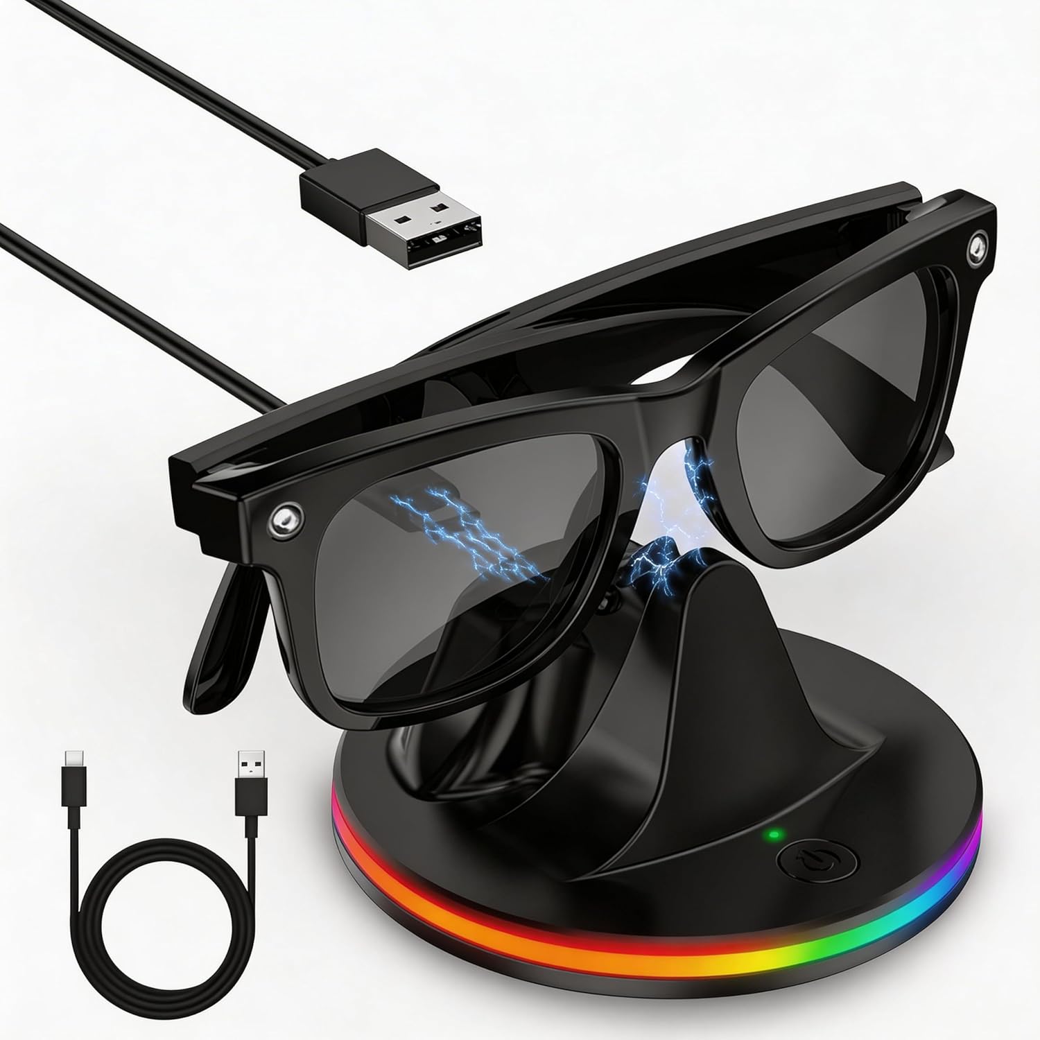 Smart Glasses Charging Station with 7-Color RGB Light, LED Indicator & USB-C Charging Cable for Meta Ray-Ban- Wayfarer, Skyler, Headliner & Oakley Meta HSTN Glasses Charger Docks (Black)