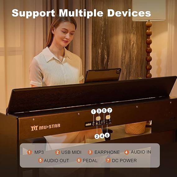 MUSTAR Digital Piano 88 Weighted Keys for Beginners, Full-Size 88 Key Piano Keyboard Semi Weighted, Electric Piano Keyboard 88 Keys with 3 Pedals, USB/MIDI, Wireless Connection (Black)