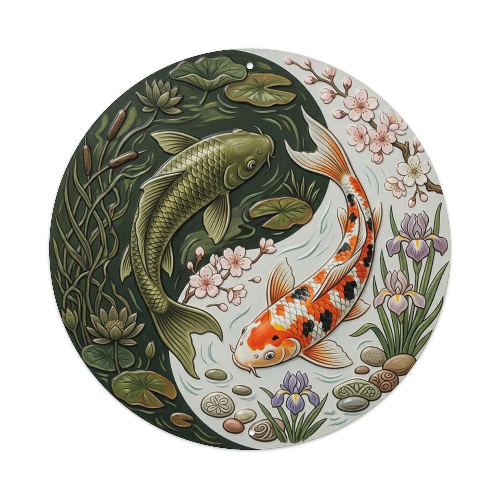 Fqcyn Style Swamp Garden Cultivation Koi Yin Yang Metal Tin Sign Plaque Wall Decor For Cafe, Club Bar, Office, Home Garden Round Metal Poster 8X8inch