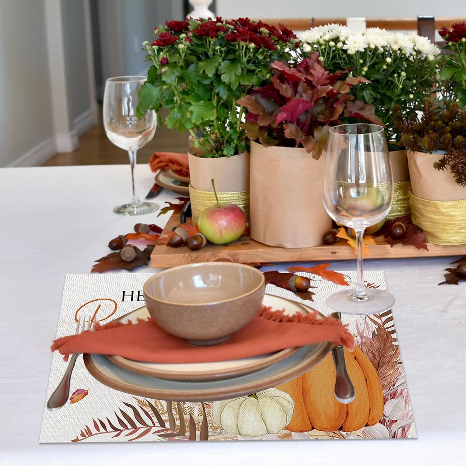 ONFAON Fall Decorations for Home,Fall Placemats Set of 4,Orange Hello Pumpkin Leaves Washable Table Dinner Mats for Autumn Farmhouse Home Kitchen Decor, 12 x 18 Inch CD01