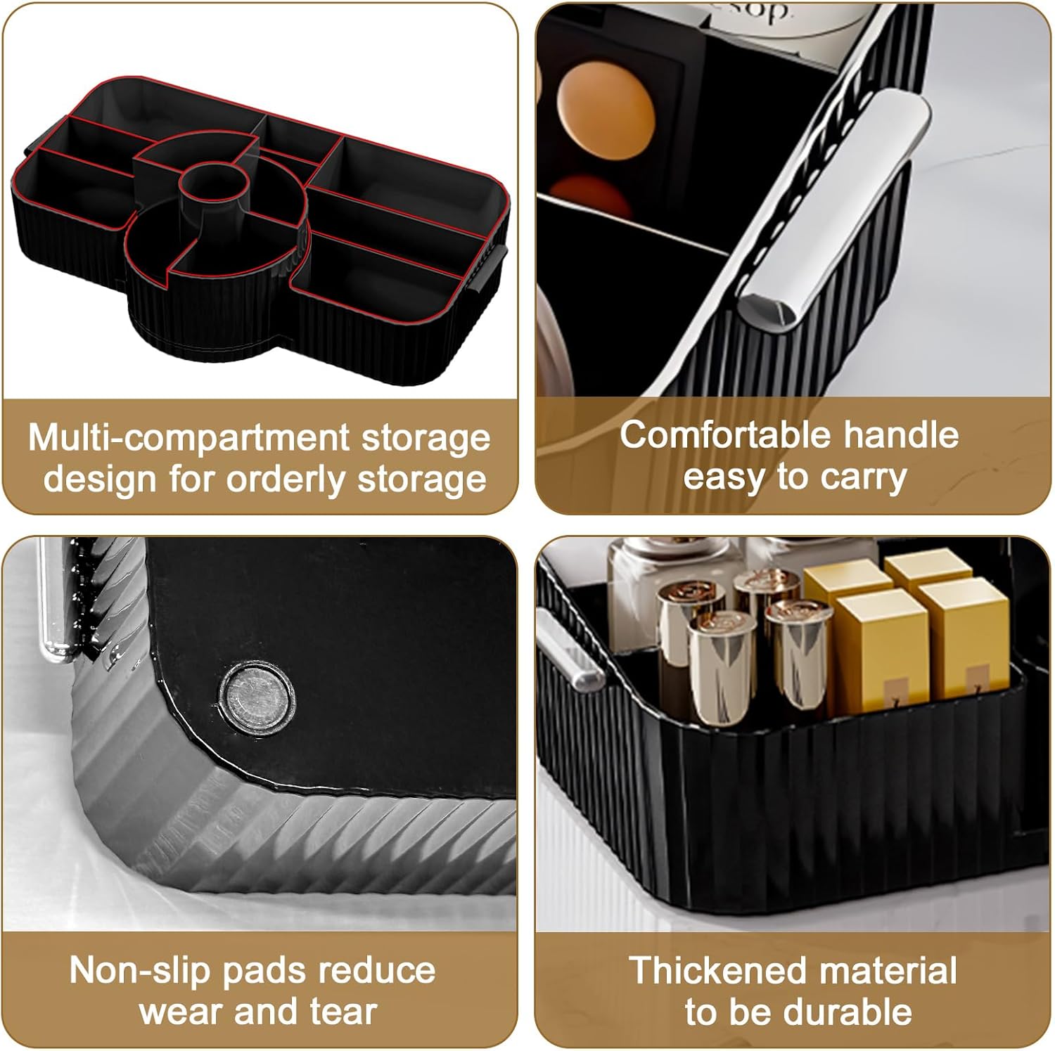 DASITON Large Makeup Brush Holder,Rotating Makeup Organizer,Vintage Striped Cosmetic Organizer,Makeup Storage Organizer for Bathroom Countertop,Dresser,Vanity(Black)
