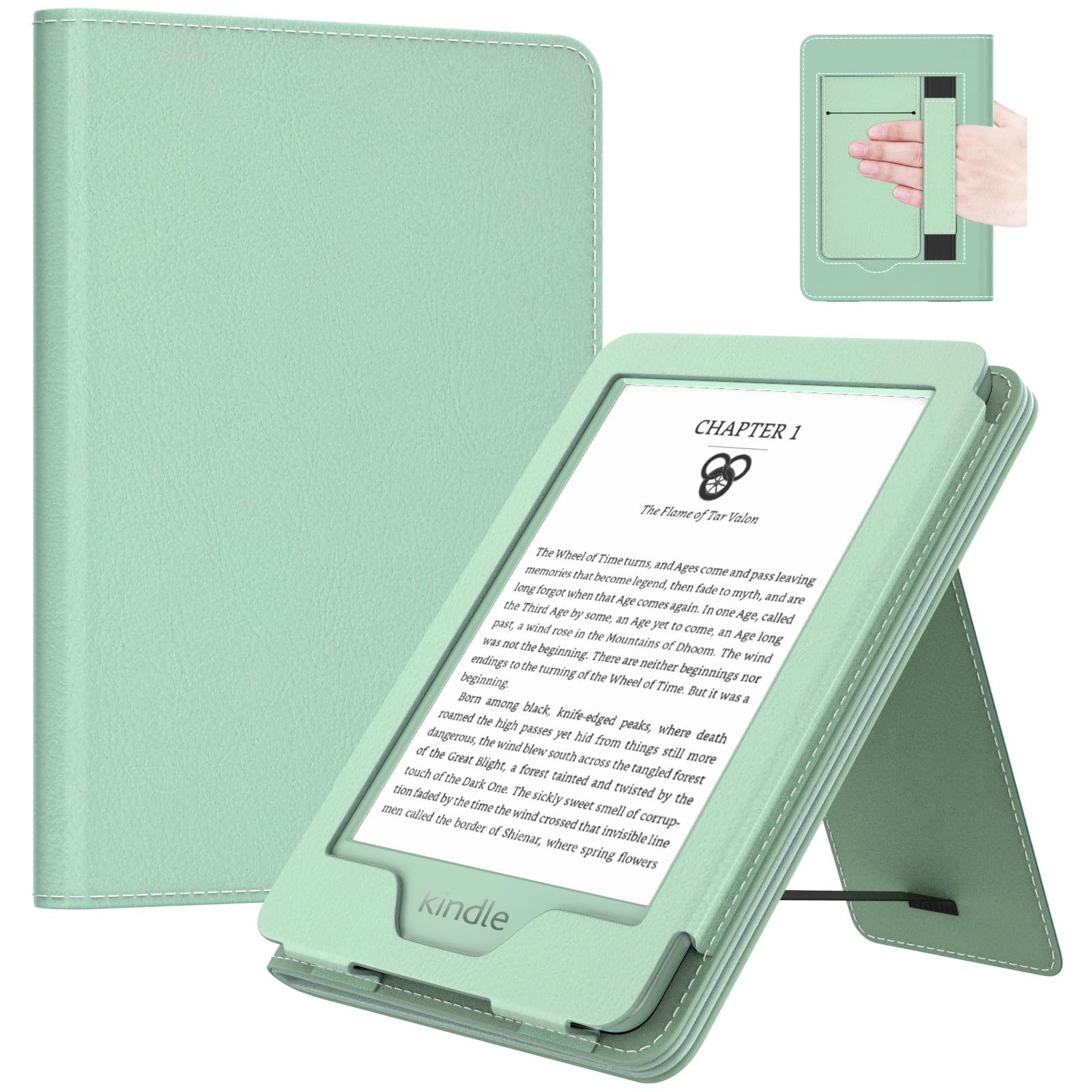 The MoKo case in Agave Green offers a comfortable hand strap and a functional stand for your 6-inch Kindle 11th Gen.
