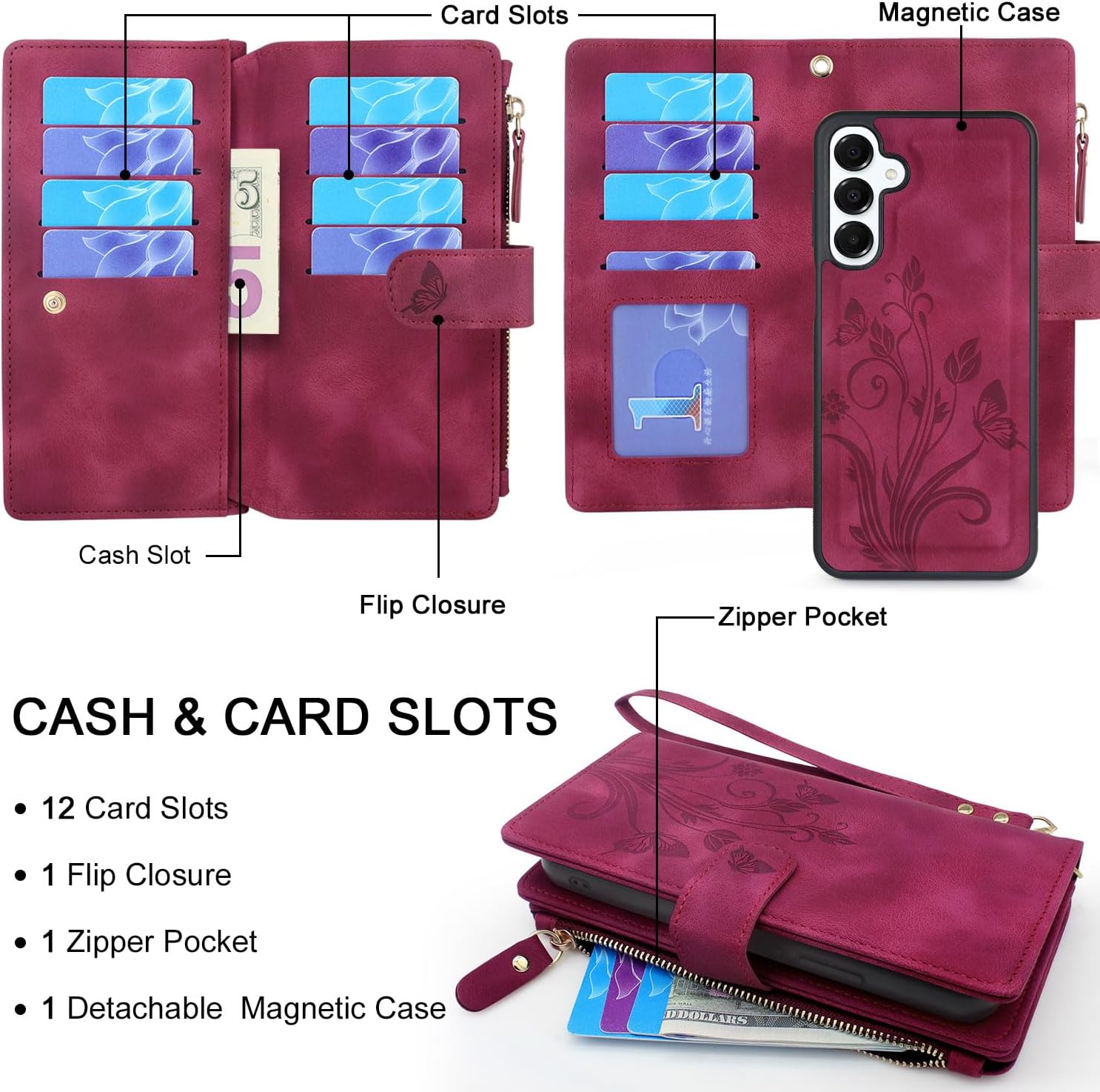 Lacass Case Wallet for Samsung Galaxy A16 5G, [12 Card Slots] ID Credit Cash Holder Zipper Pocket Detachable Leather Wallet Cover with Wrist Strap Lanyard（Floral Wine Red）