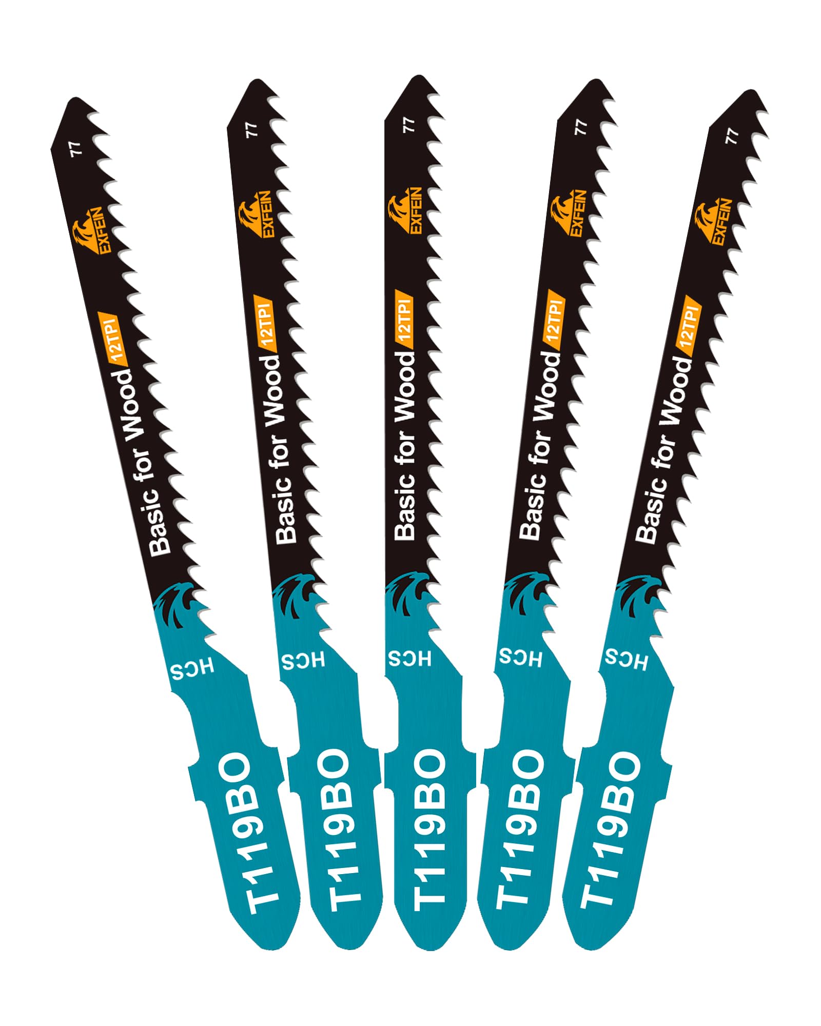 EXFEIN Jigsaw Blades T119BO for Wood - Curve Cutting, 12TPI T-Shank Jig Saw Blades 5-Pack