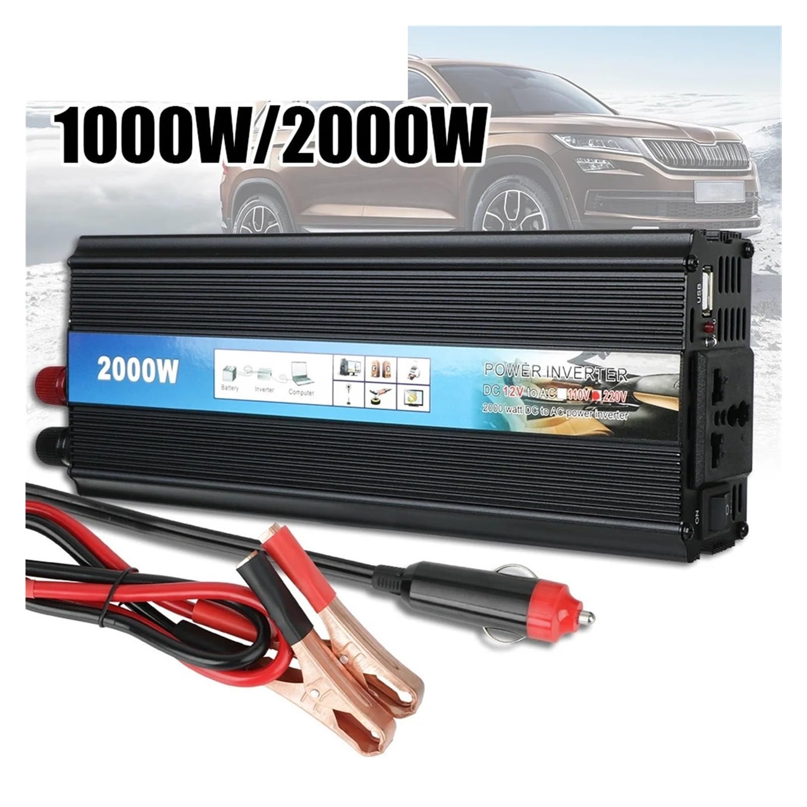 Invertitore di Potenza Inverter a Onda sinusoidale modificata 1000W 2000W di Potenza Convertitore Tensione for Auto con Caricabatterie USB CC a CA(1000W)