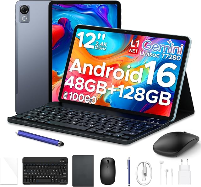 P12 Tablet 12 Pollici 2.4K Tablet Android 16,120Hz,48GB+128GB/2TB TF,Grigio | 10000mAh/Carica rapida 18W,OTG, T7280 Octa-Core,2.2GHz,Gemini AI/WidevineL1/WiFi5,Tastiera,Penna,Ultrasottile in Metallo