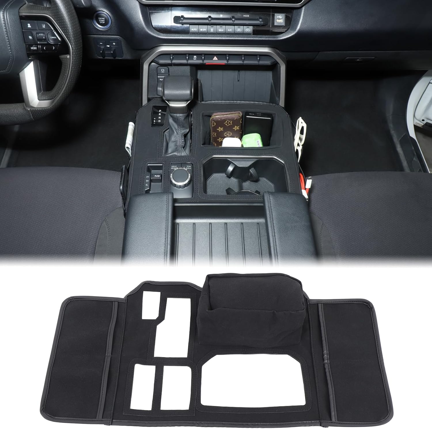 Aunginsy Transmission Console Gear Shift Box Protector Cover Compatible with Toyota Tundra 2022-2025, Central Control Gear Shifter Cup Holder Panel Mat with Storage Bag Pockets Accessories, With 4WD