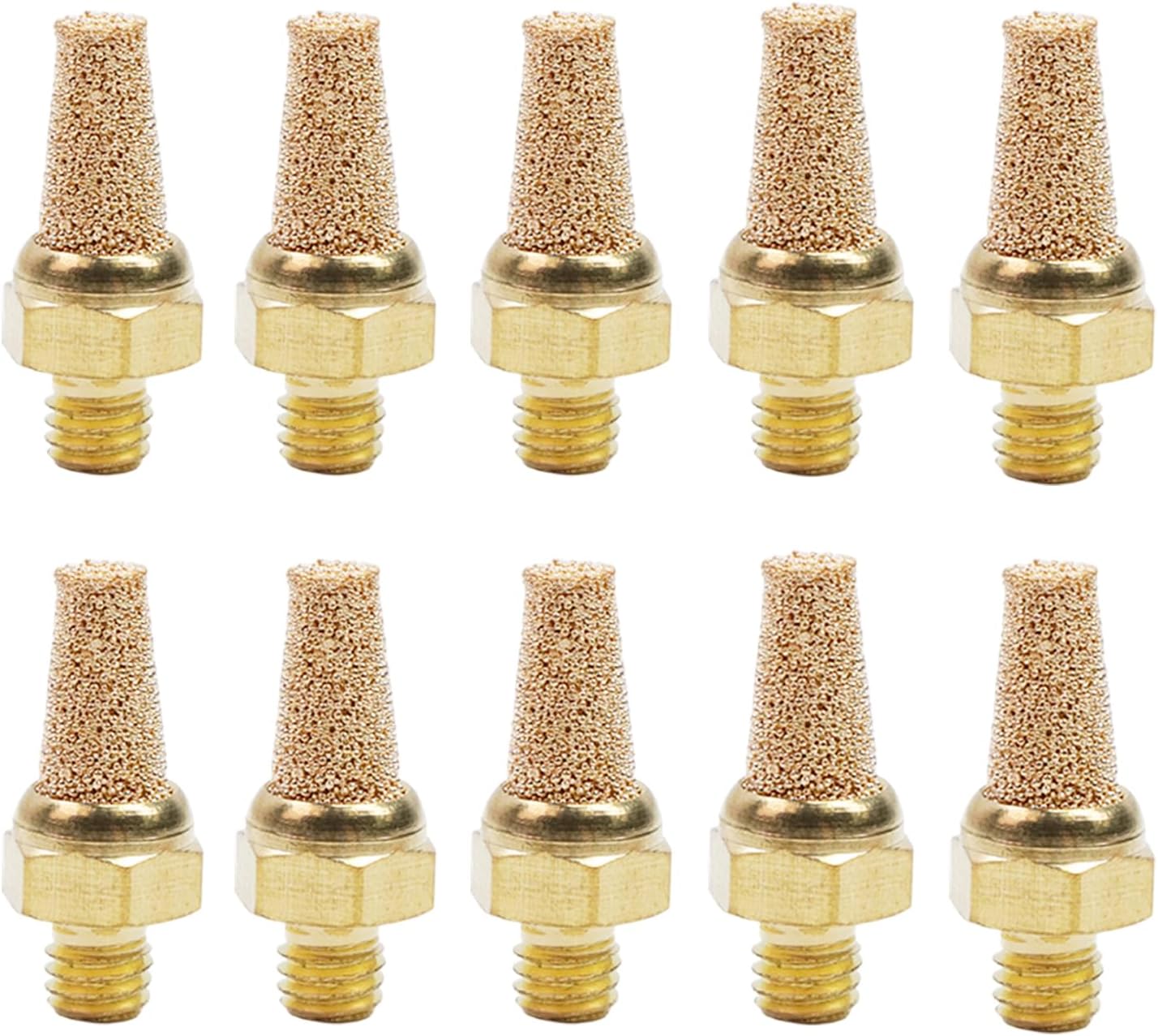 M5 Brass Pneumatic Exhaust Mufflers 10Pcs, Male Thread Air Silencer Fitting with Sintered Bronze Filter for Cylinders, Valves & Air Tools