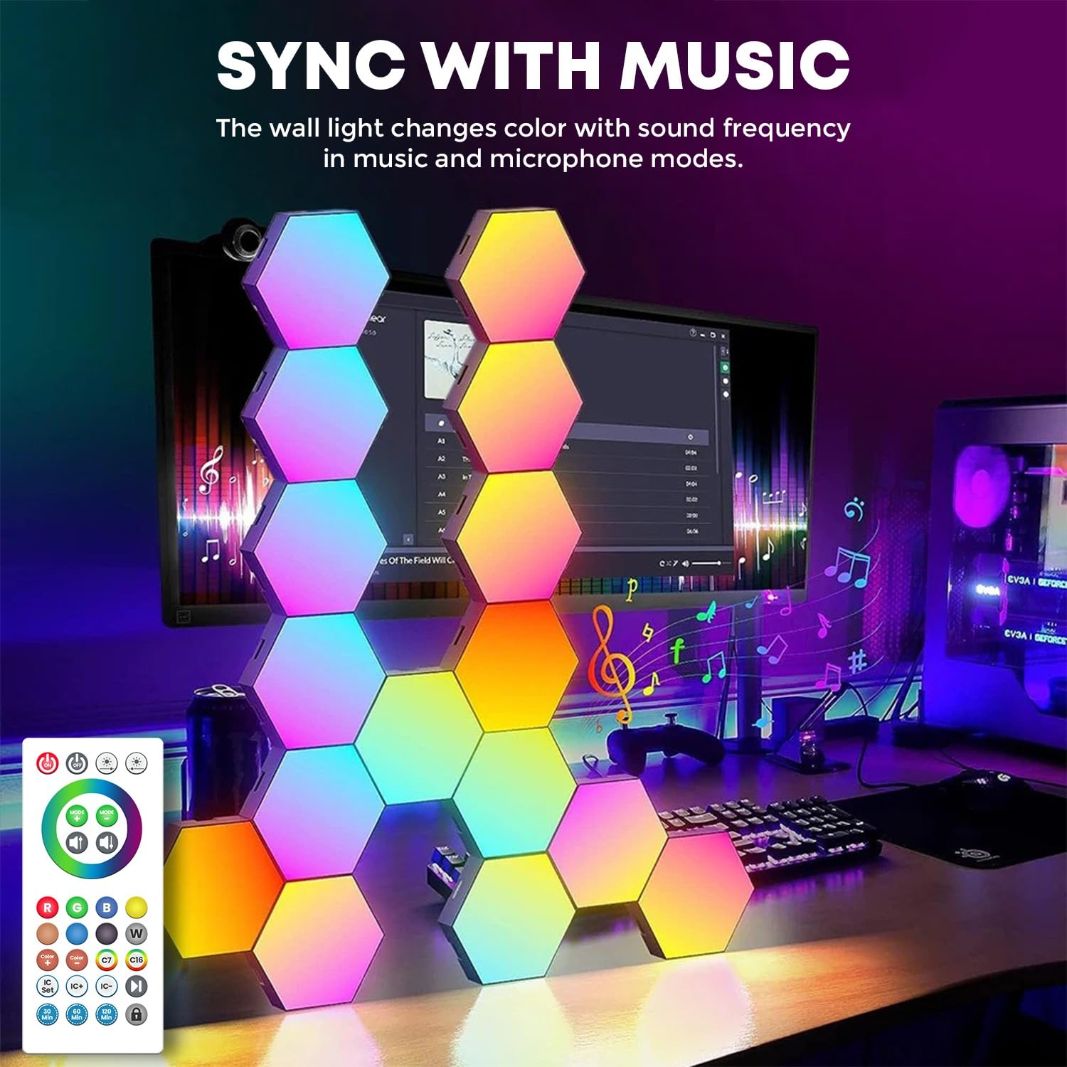 Paquete de 16 luces LED hexagonales RGB, paneles de pared con aplicación y control remoto, sincronización de música, juegos, sala de estar, dormitorio