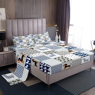 Cartoon Dachshund Duvet Cover - Cute Puppy Dog Sheet with Geometric Plaid Pattern - Sausage Dog Sheets with Deep Pocket Fitted Sheet for Boys, Girls & Teens - Blue Bedding Set - Full Size Bed Set
