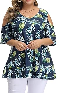 ALLEGRACE Women's Plus Size Floral Printing Cold Shoulder Tunic Top Short Sleeve V Neck T Shirts