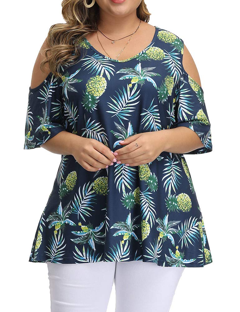 ALLEGRACEWomen's Plus Size Summer Cold Shoulder Tunic Top Short Sleeve Tunics V Neck T Shirts