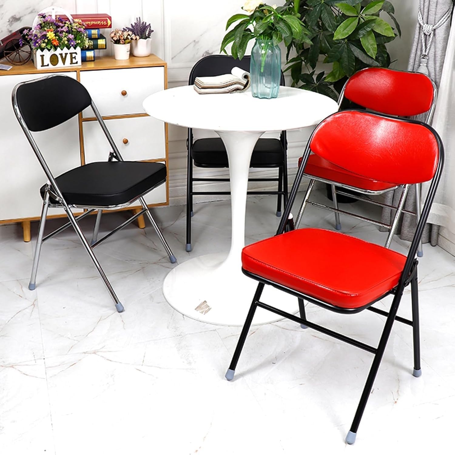 Folding Chair, Leather Padded Folding Sturdy Metal Foldable, Easy to Use and Store,(Red)