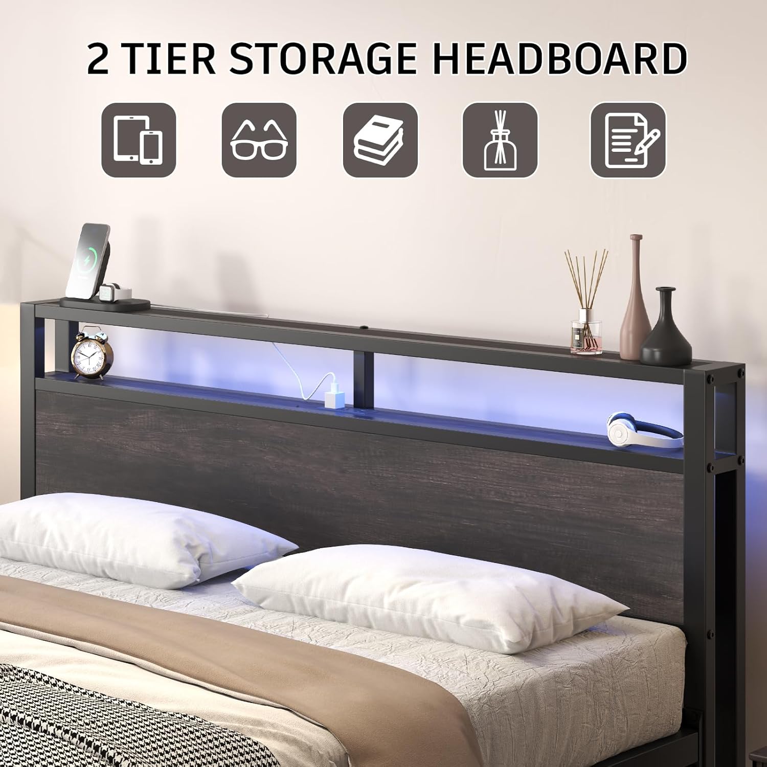 King Size Bed Frame with LED Lights and Charging Station, Wood Storage Headboard with 2-Tier Shelves, Heavy Duty Metal Slats, No Box Spring Need, Noise Free, Easy Assembly, Grey