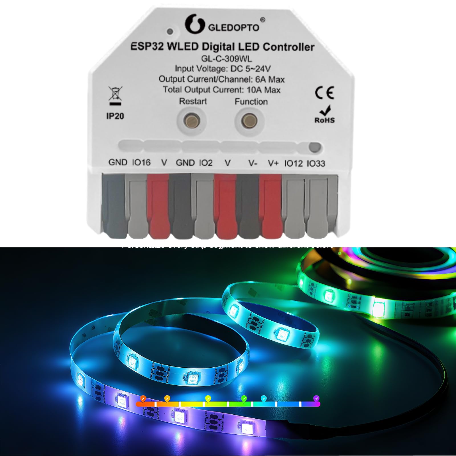 GLEDOPTO GLEDOPTO ESP32 Mini WLED LED Controller DC 5~24V DIY Dynamic Lighting App Control Addressable Digital FCOB RGB IC WS2811 WS2812 SK6812 TM1814 WS2813 WS2815 Strip Light (GL-C-309WL)