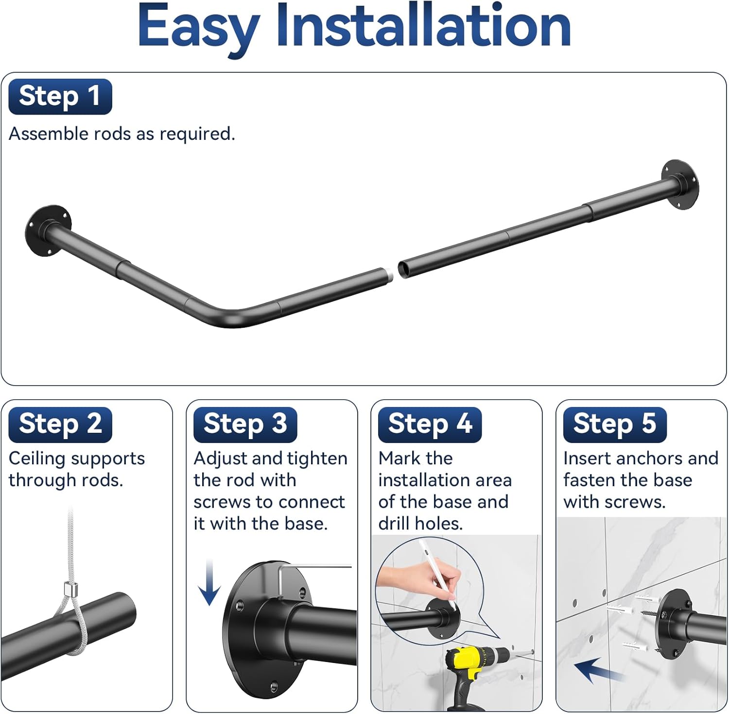 L Shaped Shower Curtain Rods, Adjustable (23''-69'' X 23''-69'') Corner Shower Rod with 12 Shower Curtain Rings, All 304 Stainless Steel, for Bathroom, Bathtub, Clothing Store, Need to Drill, Black