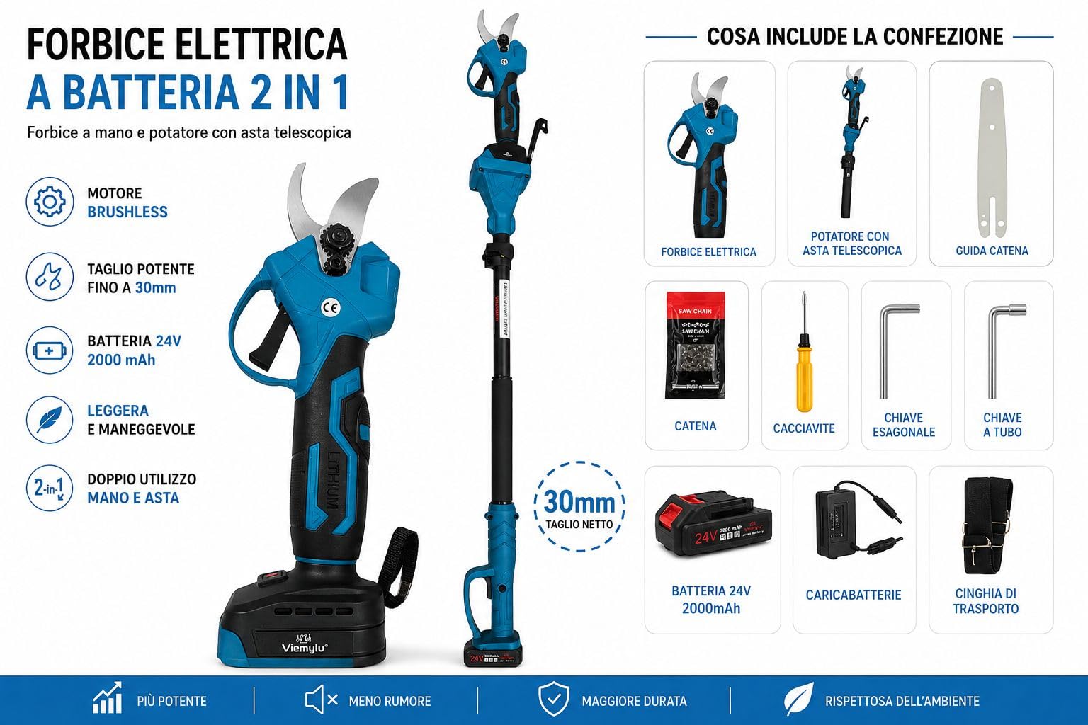 Kit Potatura 2 in 1, Forbice Elettrica a Batteria 24V 2000mAh con Asta Telescopica, Taglio fino a 30mm, Motore Brushless