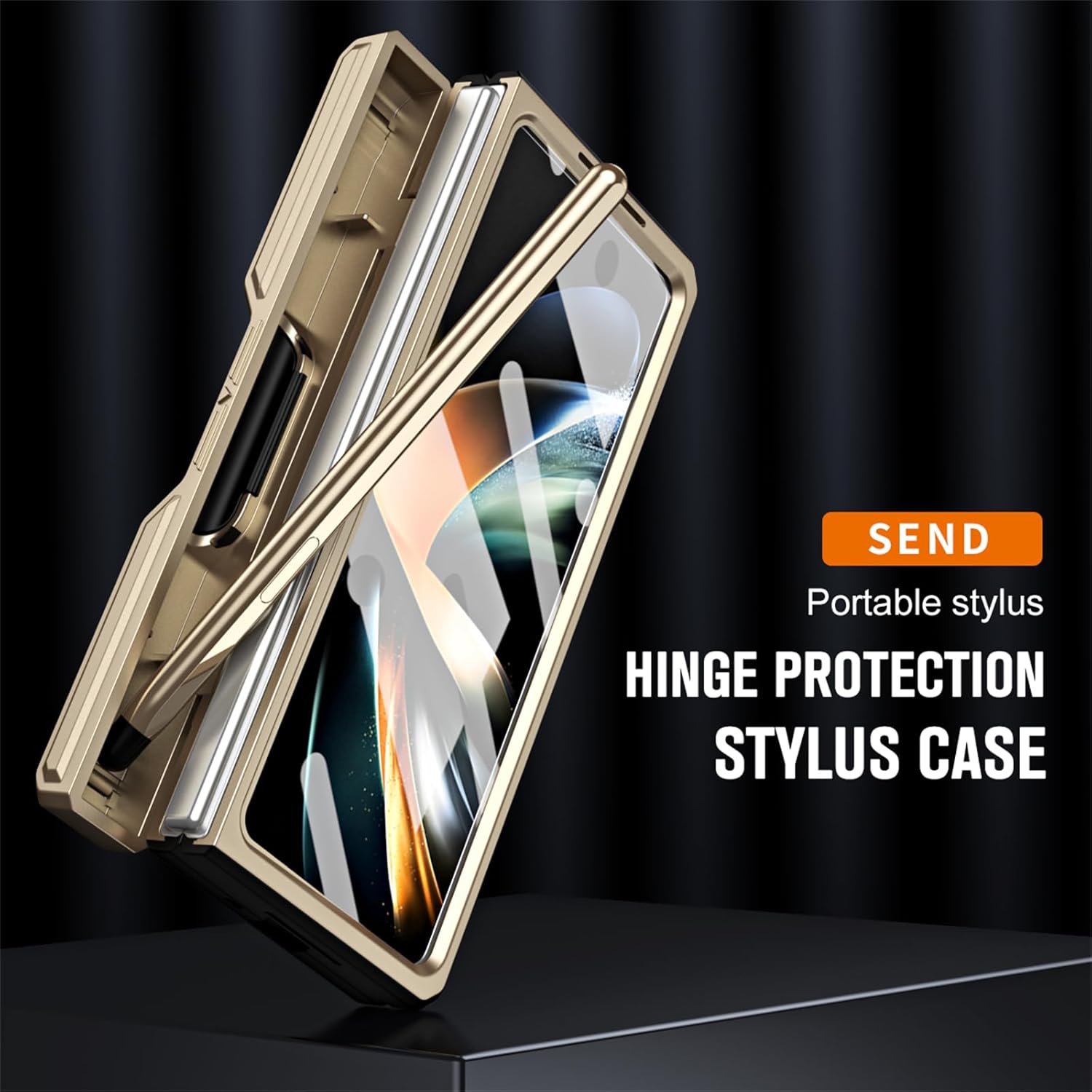 Case for Samsung Galaxy Z Fold 5, Heavy Duty Hinge Protection S Pen Holder Rugged Shockproof Full Protective Phone Cover, Build-in Camera Protection and Kicstand (Gold)