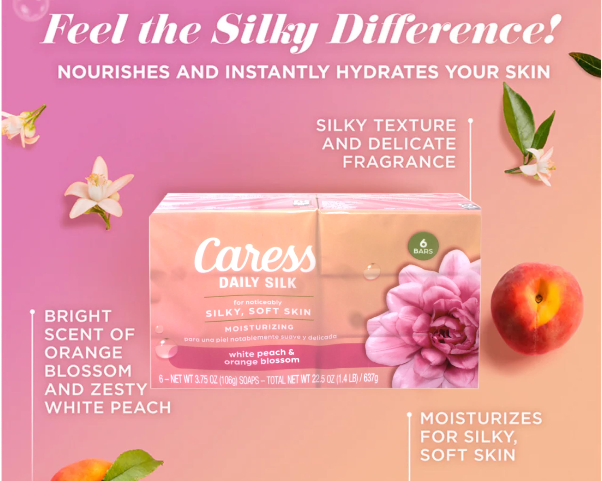 Caress Daily Silk Moisturizing Soap White Peach & Orange Blossom, 6 Bars, 3 Pack