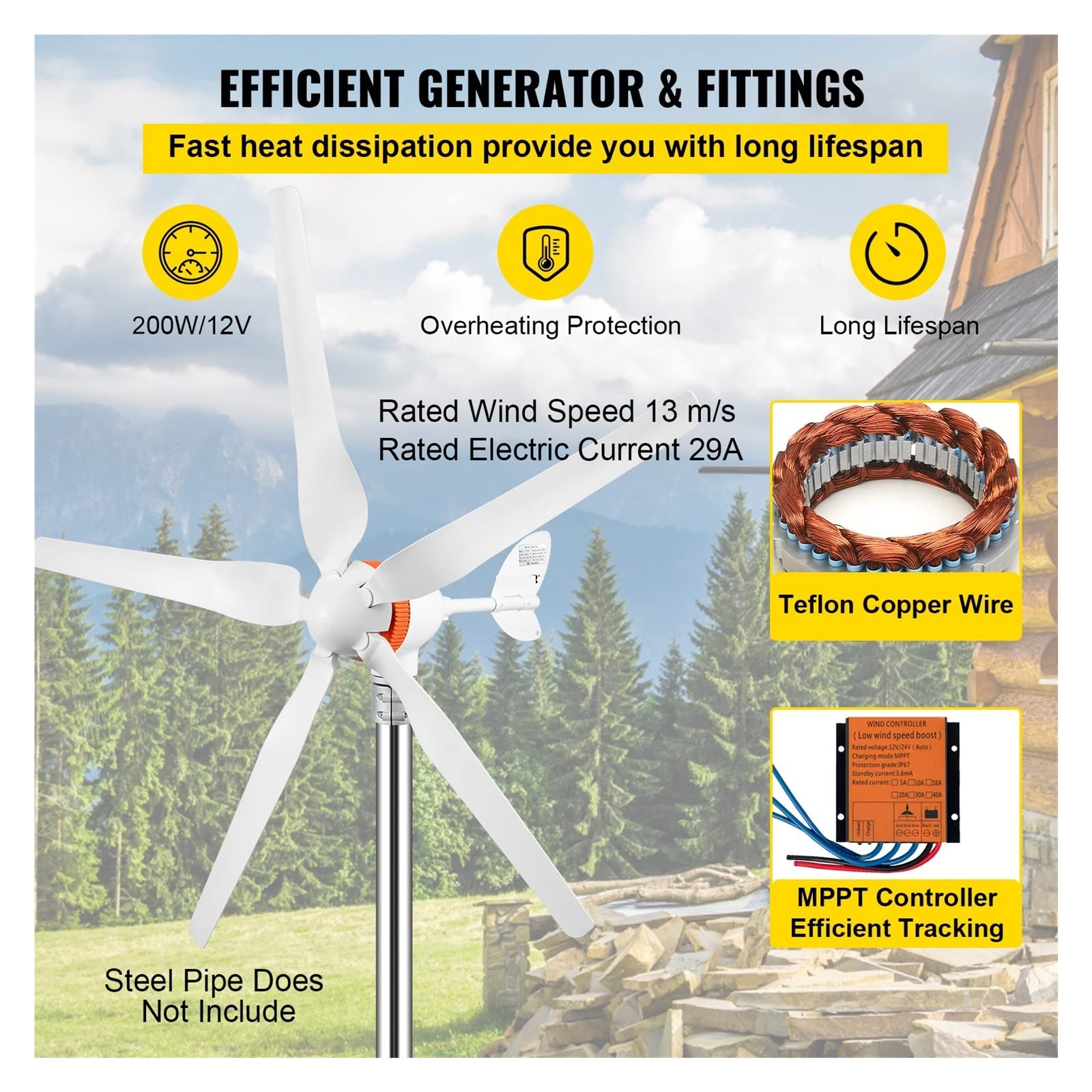Generador de turbina eólica 300W 400W 500W con MPPT/controlador de carga molino de viento RV Yacht Farm pequeño generador de viento uso doméstico Adecuado para campos industriales y comerciales(400W 5
