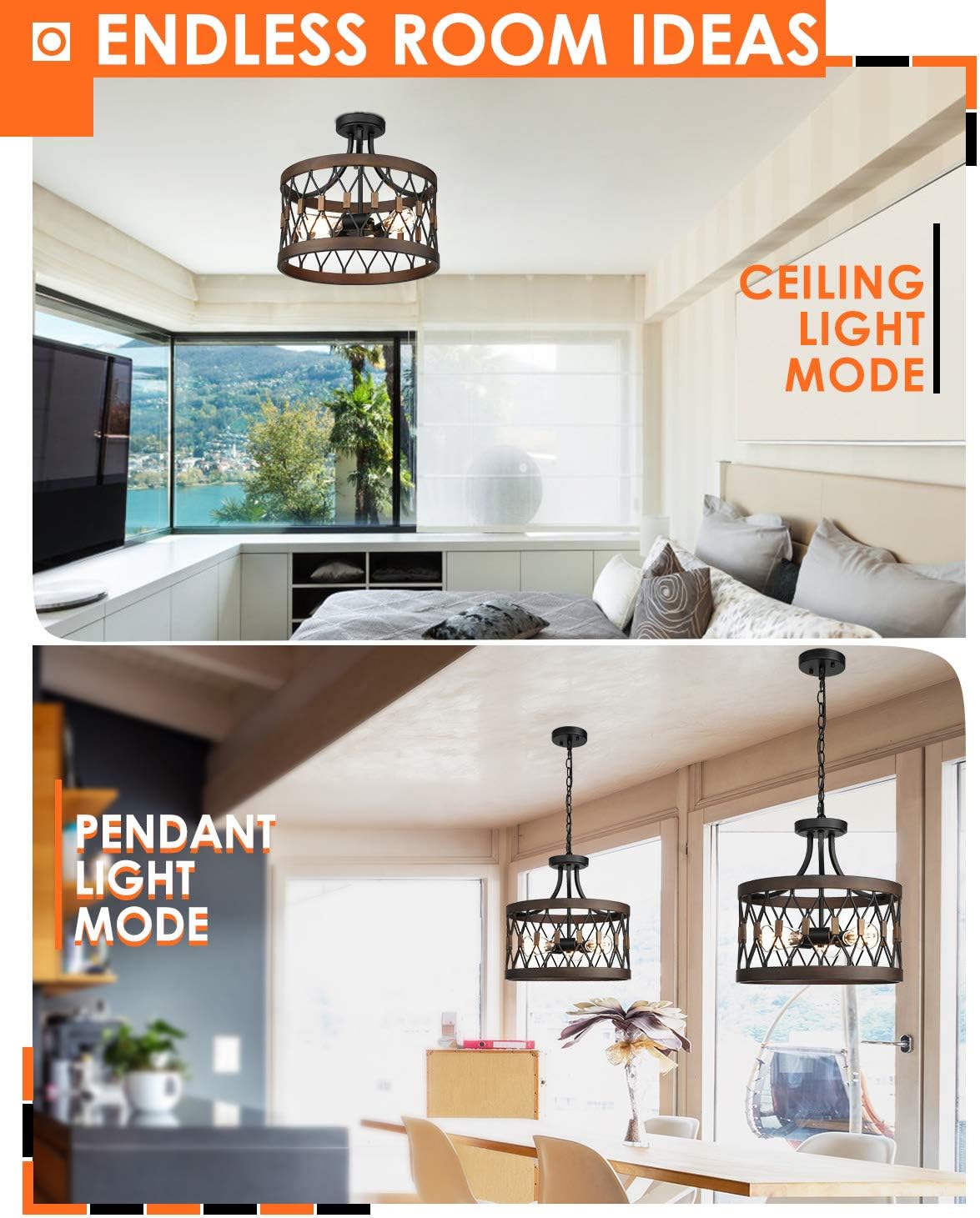 70% Off Everything Osimir Semi-Flush Mount Ceiling Light, 3-Light Ceiling Light Fixture, 16-inch Cage Drum Pendant Hanging in Wood and Black Finish, PE9170-3