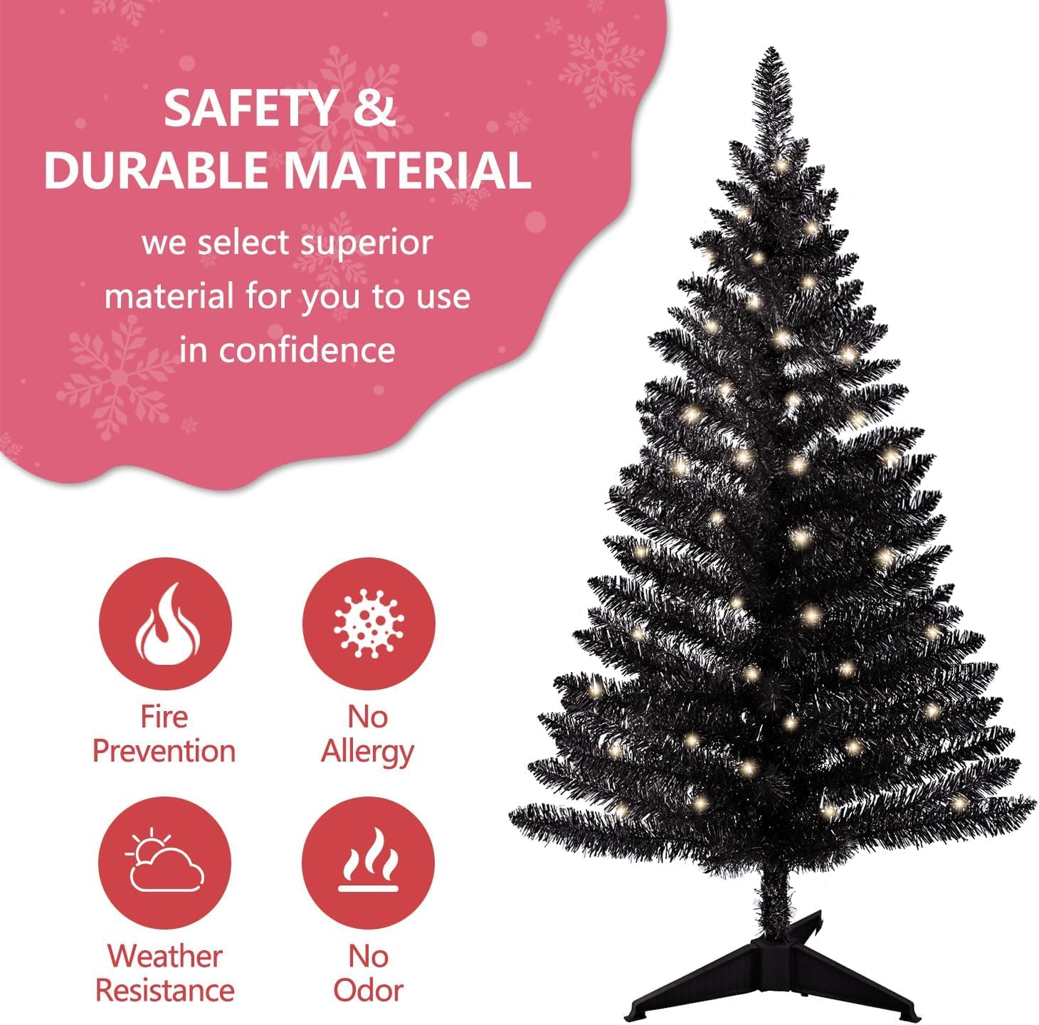 4ft Lighted Artificial Black Christmas Tree, Not Pre-lit Black Tinsel Pine Trees with Lights, Ideal for Ideal for Home, Office, and Xmas Party Décor - Includes Stand