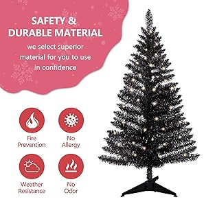 4ft Lighted Artificial Black Christmas Tree, Not Pre-lit Black Tinsel Pine Trees with Lights, Ideal for Ideal for Home, Office, and Xmas Party Dcor - Includes Stand