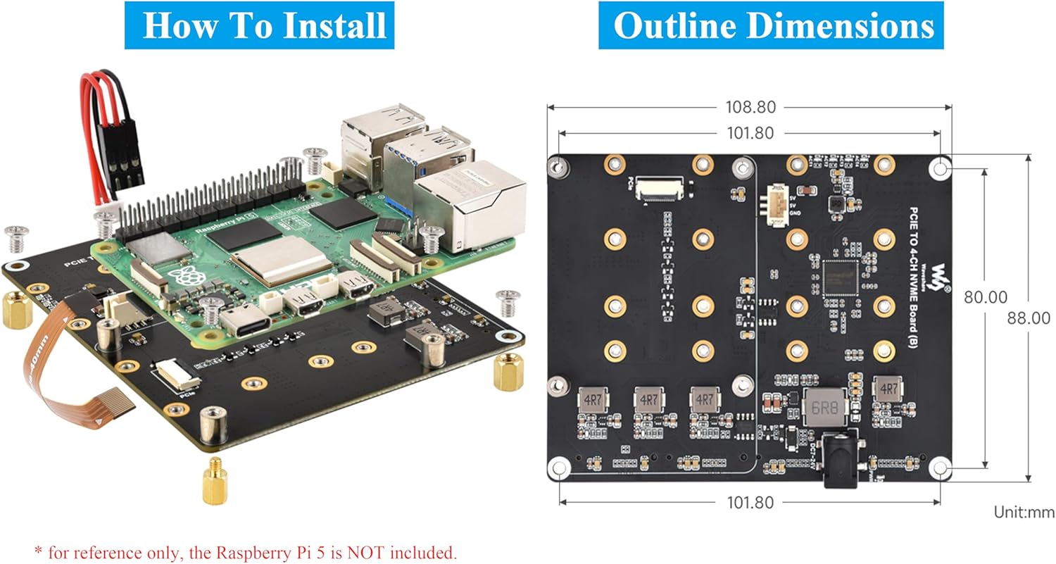 PCIe to 4-CH M.2 M Key Adapter Board Compatible with Raspberry Pi 5, Support 4-CH NVMe Solid State Drives-2280/2260/2242/2230, Allow Powering Pi 5, Onboard LED Indicators, High-Speed Reading/Writing