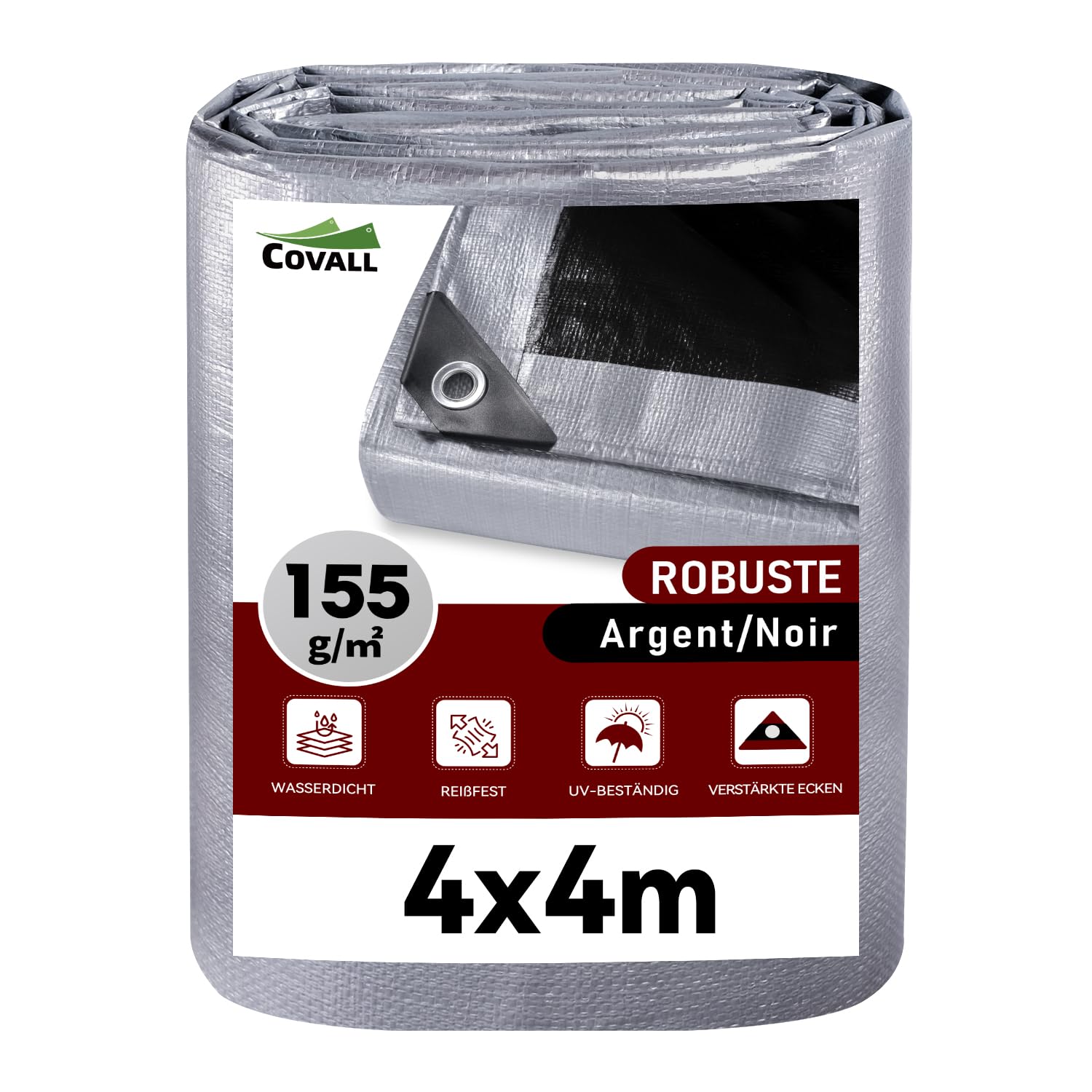 Bâche de Protection Imperméable pour Extérieur, Polyéthylène Renforcée avec Oeillets Anti-UV – pour, Jardin, Camping, Bois, 155 g/m² Argent/Noir, 4x4m