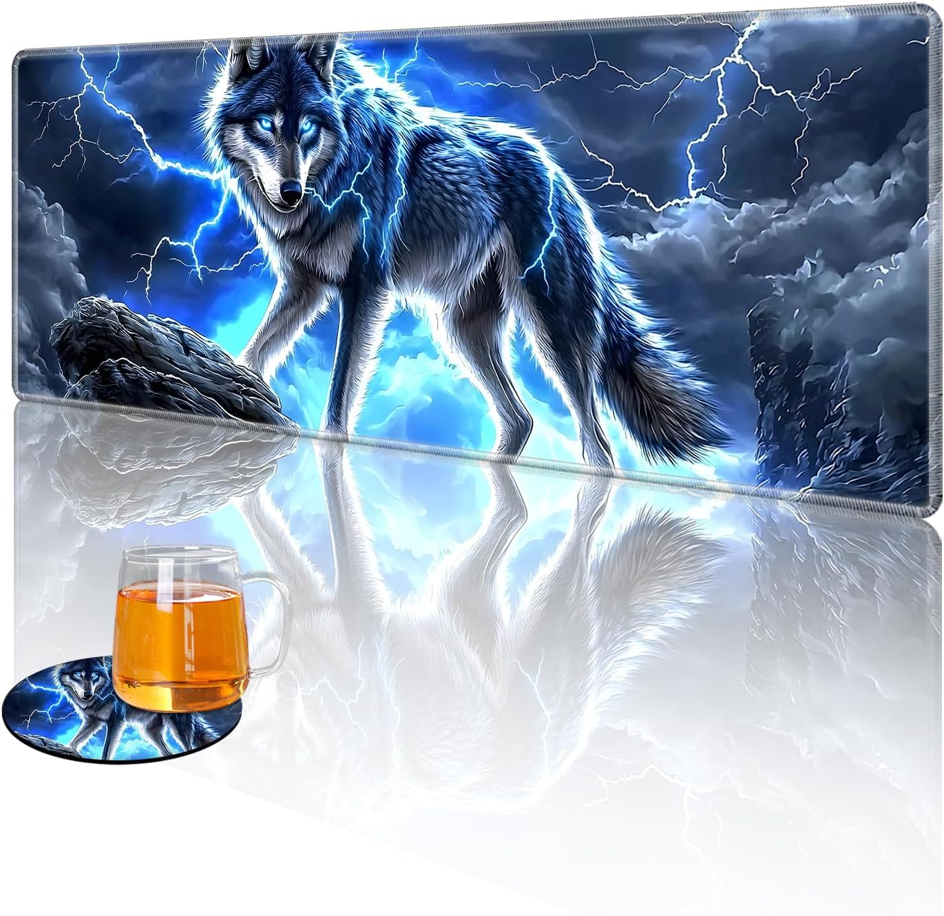 Large Gaming Mouse Pad with Coaster Edge Stitching Majestic Blue Wolf Keyboard Mouse Mat for Desk Household Extended Desktop Long Mouse Pad Polyester Surface and Non-Slip Rubber Base