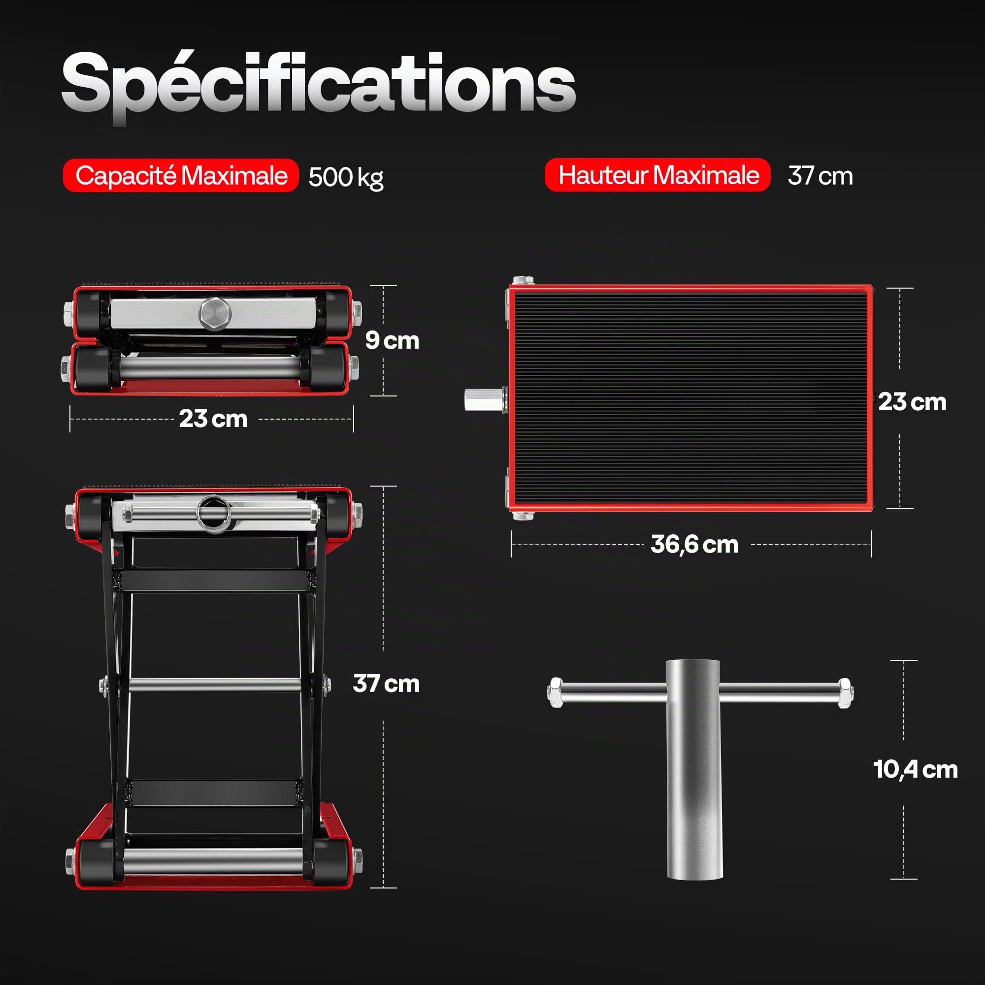 VIVOHOME Élévateur de Moto à Ciseaux en Acier avec Large Plateforme et Manivelle, Support Central Capacité 500kg pour ATV Motos Tout Terrain Garage Réparation Rouge