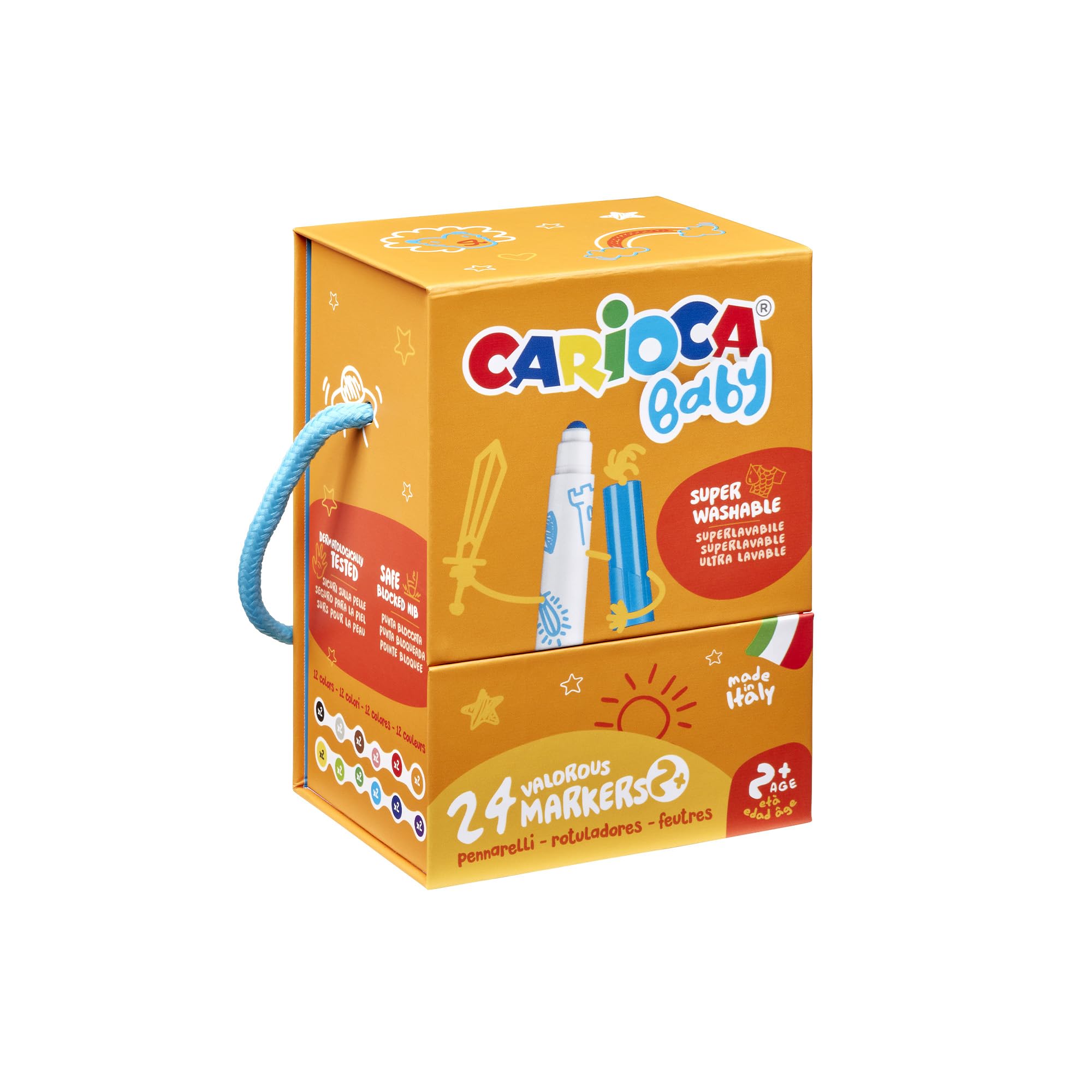 Carioca Rotuladores para Bebé 2+| Caja premium con asa de 24 rotuladores superlavables y con gran cobertura | Colores surtidos | Punta Ø 2,8 mm | 24 piezas
