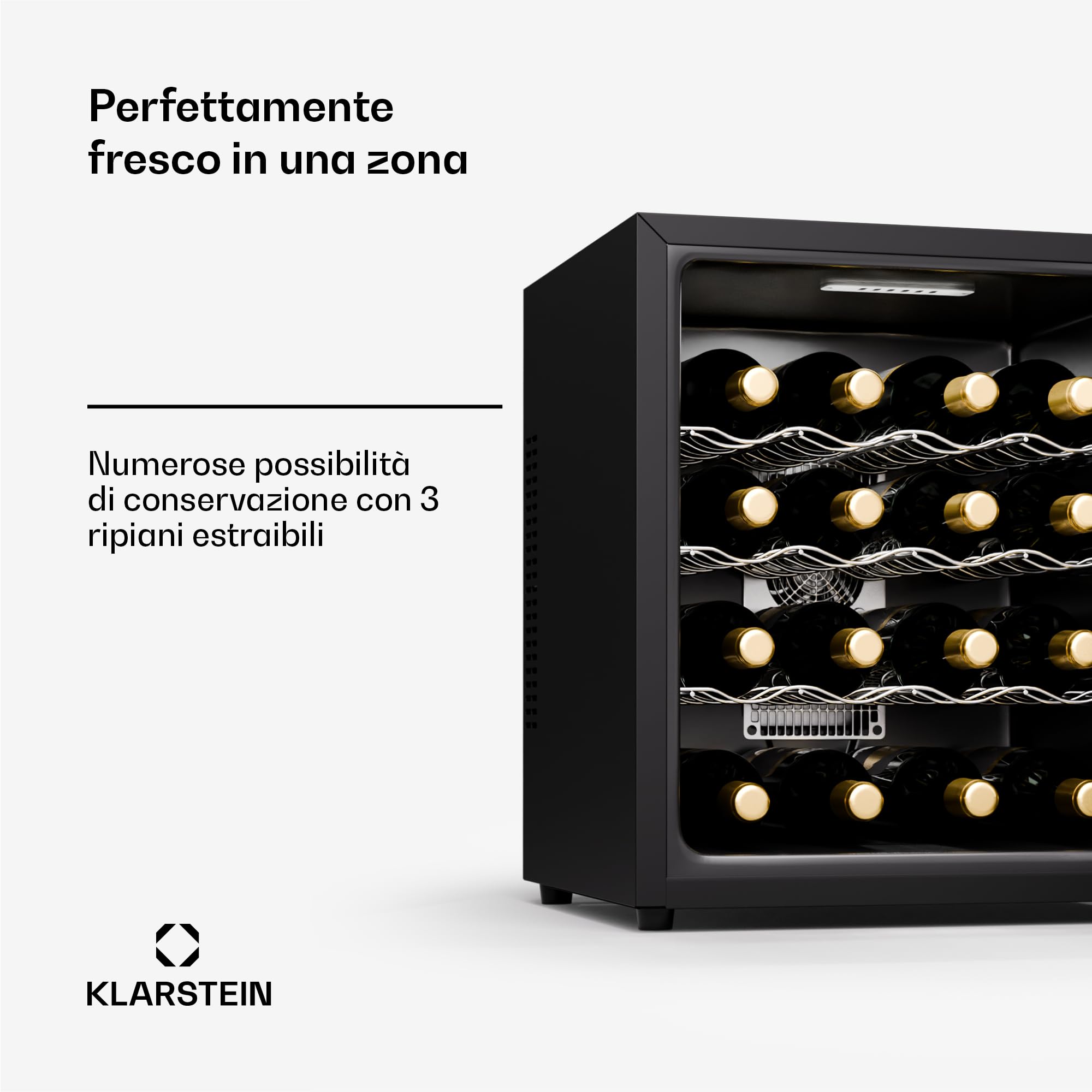 Klarstein Cantinetta Vino Refrigerata a Zona Singola per Interno-Esterno, Frigo Bar, Cantina Vino con Porta in Vetro, Mini Frigo Silenzioso, Frigorifero Piccolo, Illuminazione LED, 5-22°C 16 Bottiglie