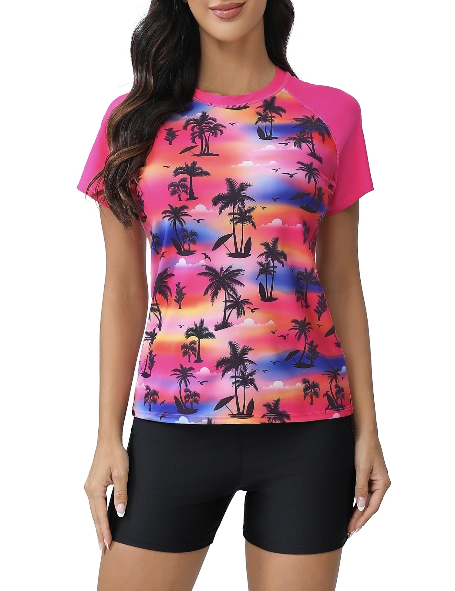 Bonneuitbebe Women's 2 Piece Rash Guard Short Sleeve UPF 50+ Swim Shirt Built in Bra Bathing Suit with Boyshorts Bottoms