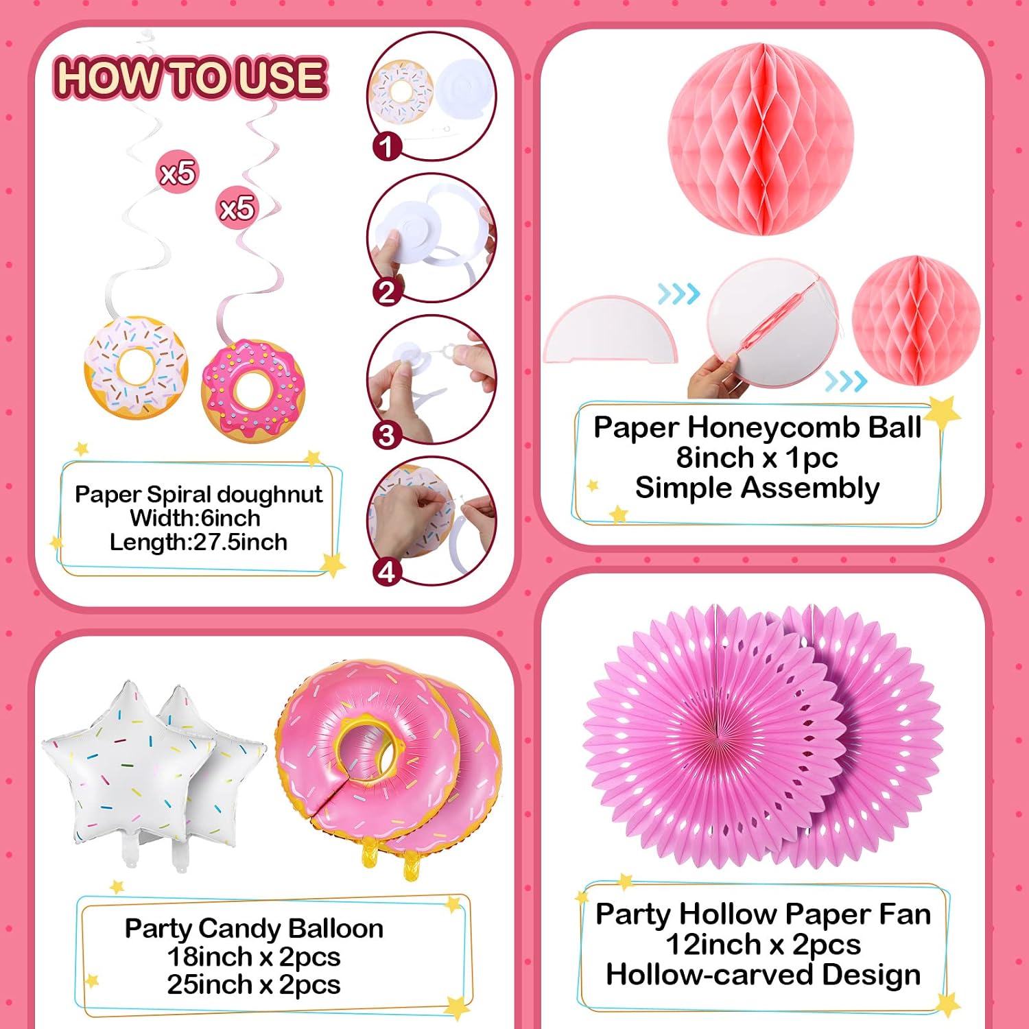 24 Pcs Donut Birthday Party Decorations - Theme Table Cover, 8 Paper Lanterns, Honeycomb Ball, 2 Paper Fans, 10 Hanging Swirls, 4 Balloons Garland for Baby Shower