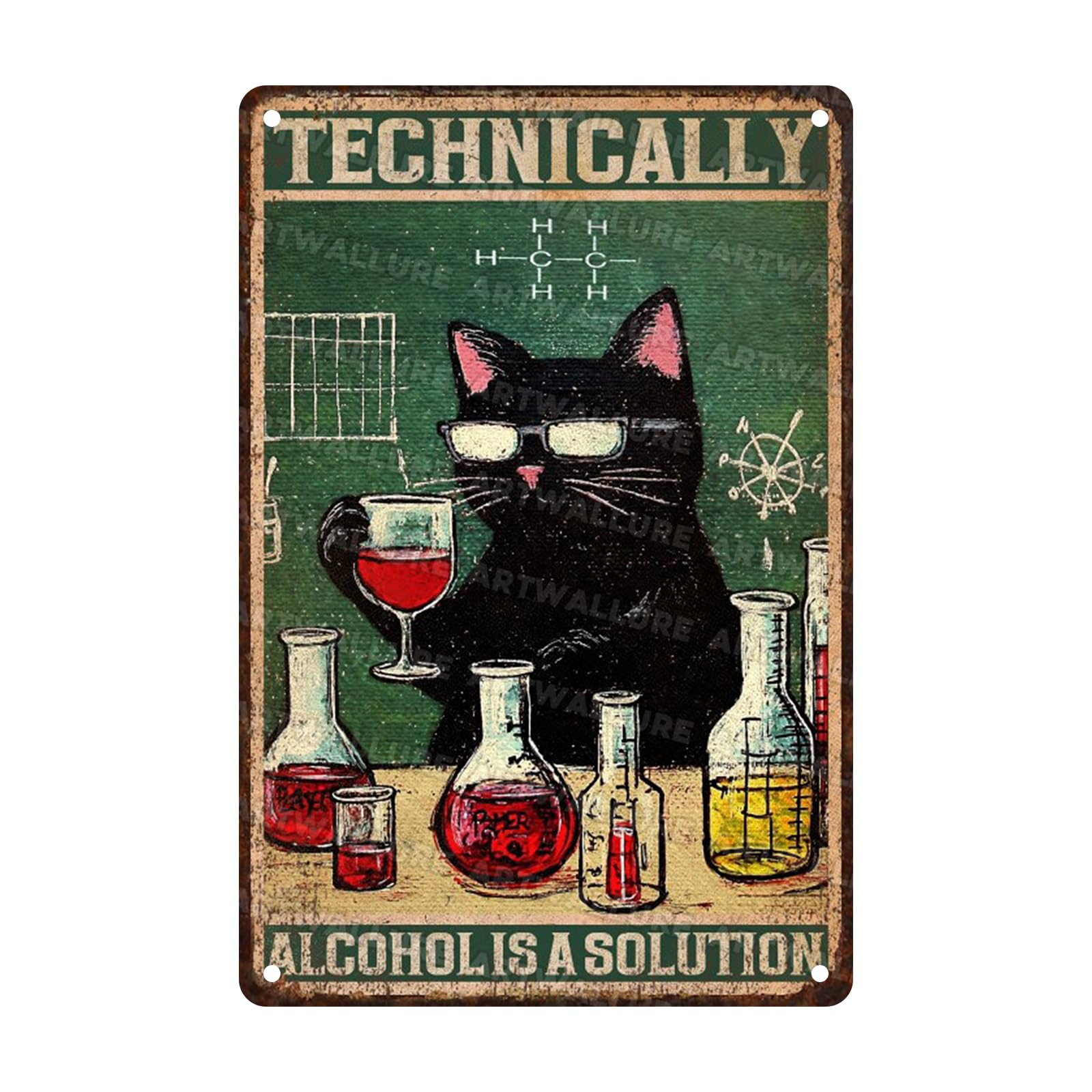 Funny Bar Sign “Technically Alcohol is a Solution” Black Cat Vintage Metal Tin Sign for Pub, Tavern, Man Cave & Home Bar Decor 8x12 Inch