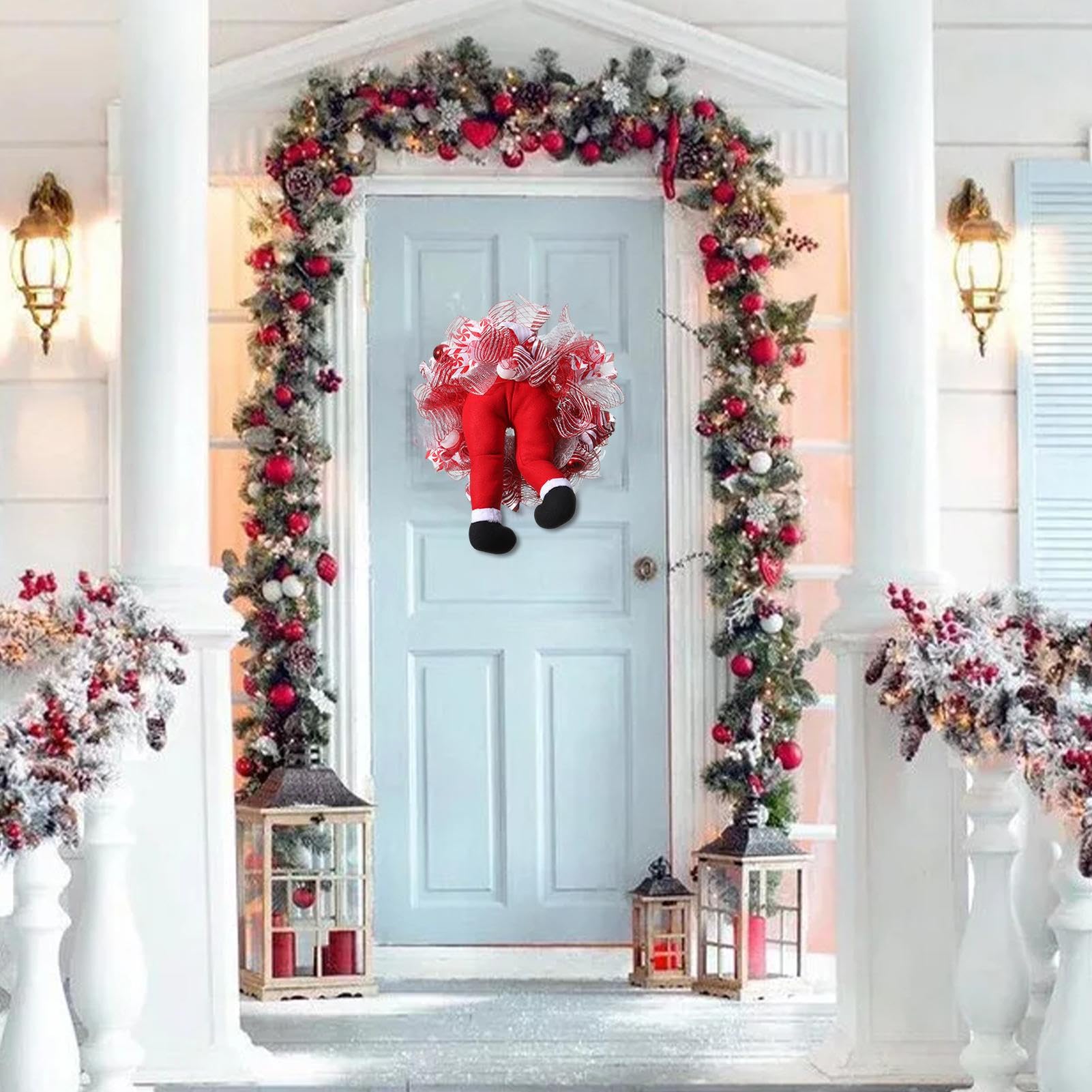 Amazon.co.jp: 玄関用クリスマスリース、赤いリボン付きサンタ