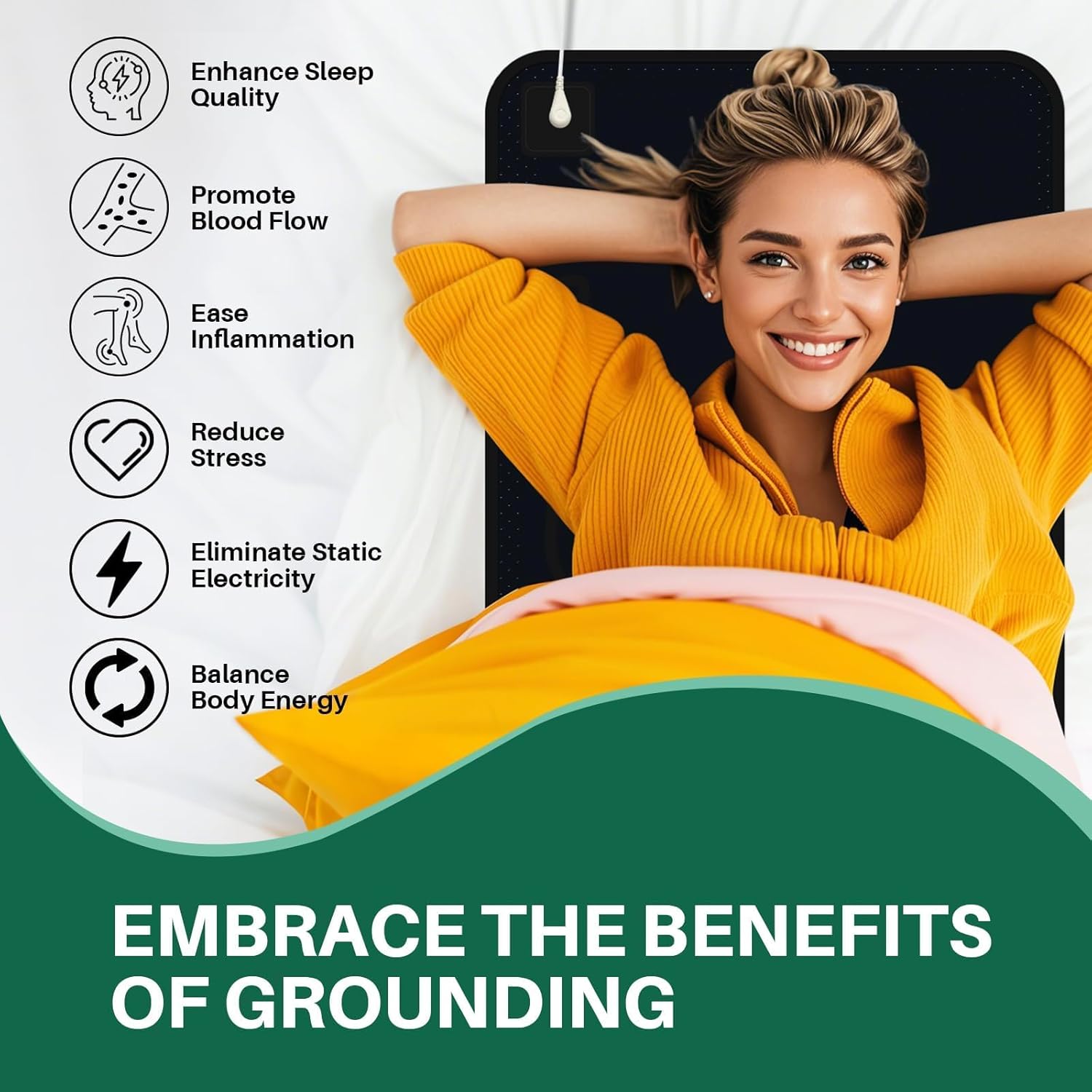 Grounding Mat for Bed: Improved Sleep and Stress Relief - Grounding Pad with Anti-Slip PU Leather - Mattress Pad Kit with Cord (California King Size 72''×27‘’)