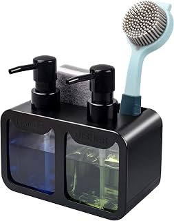 Kitchen Hand Soap and Dish Soap Dispenser Set, Dual Soap Dispenser with Sponge Caddy and Brush Holder 4-in-1 Organizer for Kitchen Sink Countertop, Useful Kitchen Gadgets - Black