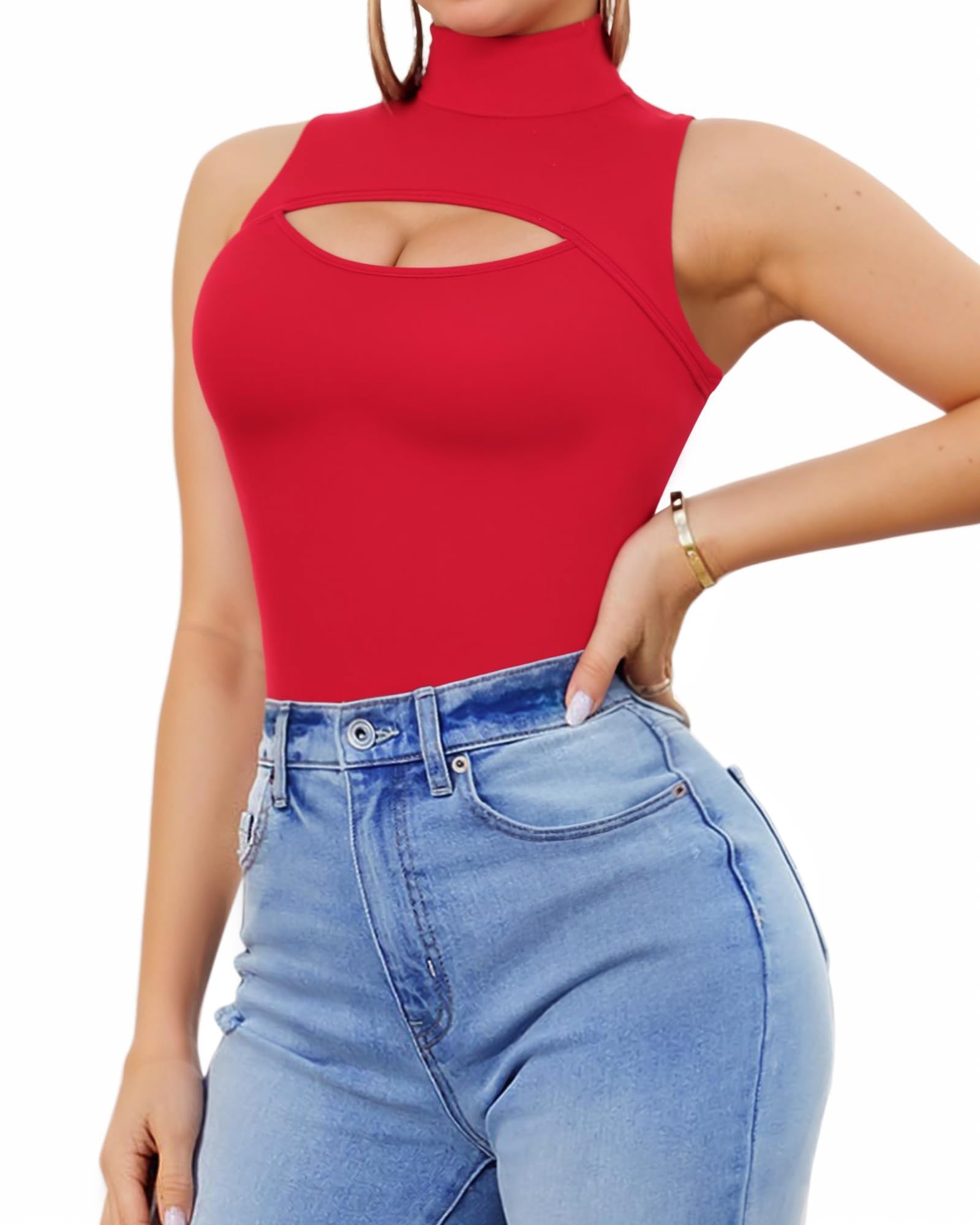 MANGOPOP Women's Mock Neck Cutout Front Bodysuit Long Sleeve Sleeveless Turtle Neck Body Suits Sexy Tops